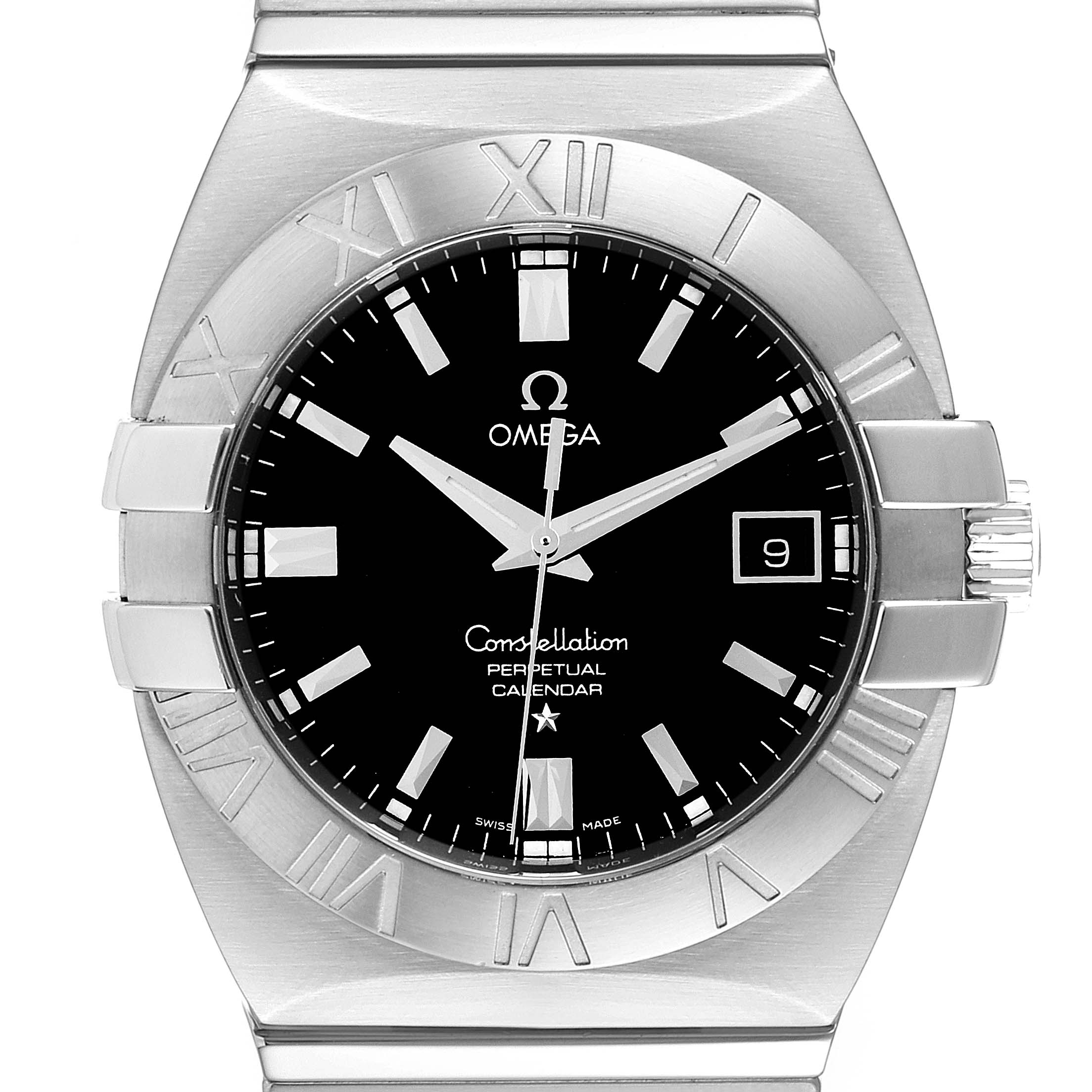 The image shows a frontal view of the Omega Constellation 1513.51.00 Men's Stainless Steel Black Dial 1513.51.00 Men's Stainless Steel Black Dial watch, highlighting its dial, bezel, markers, and crown.