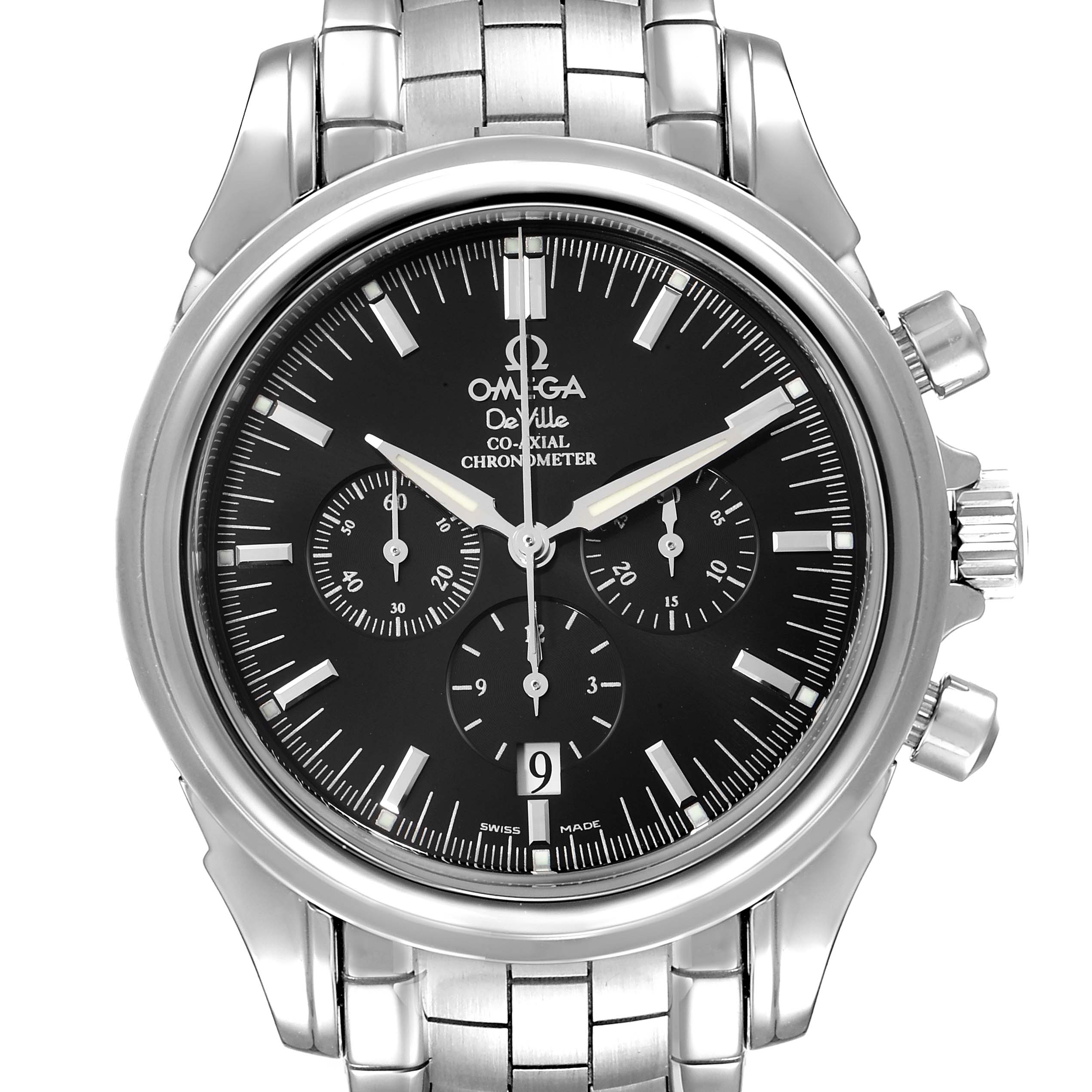 The image shows a frontal view of an Omega De Ville 4541.50.00 Men's Stainless Steel Black Dial 4541.50.00 Men's Stainless Steel Black Dial Co-Axial Chronometer watch, displaying its black dial, chronograph sub-dials, date window, and metal bracelet.