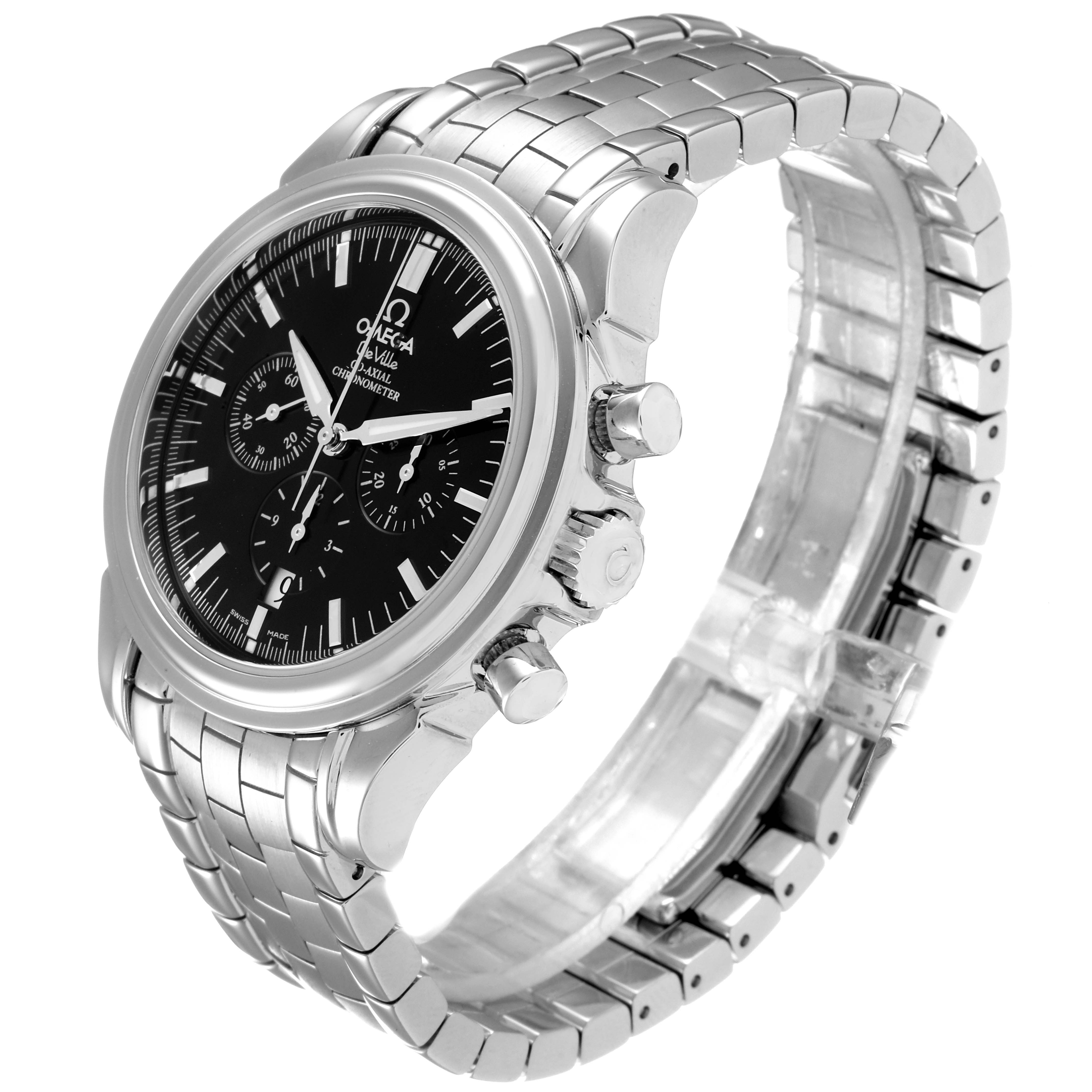 The image shows an Omega De Ville 4541.50.00 Men's Stainless Steel Black Dial 4541.50.00 Men's Stainless Steel Black Dial watch from a three-quarter angle, revealing the face, case, bracelet, and side buttons.