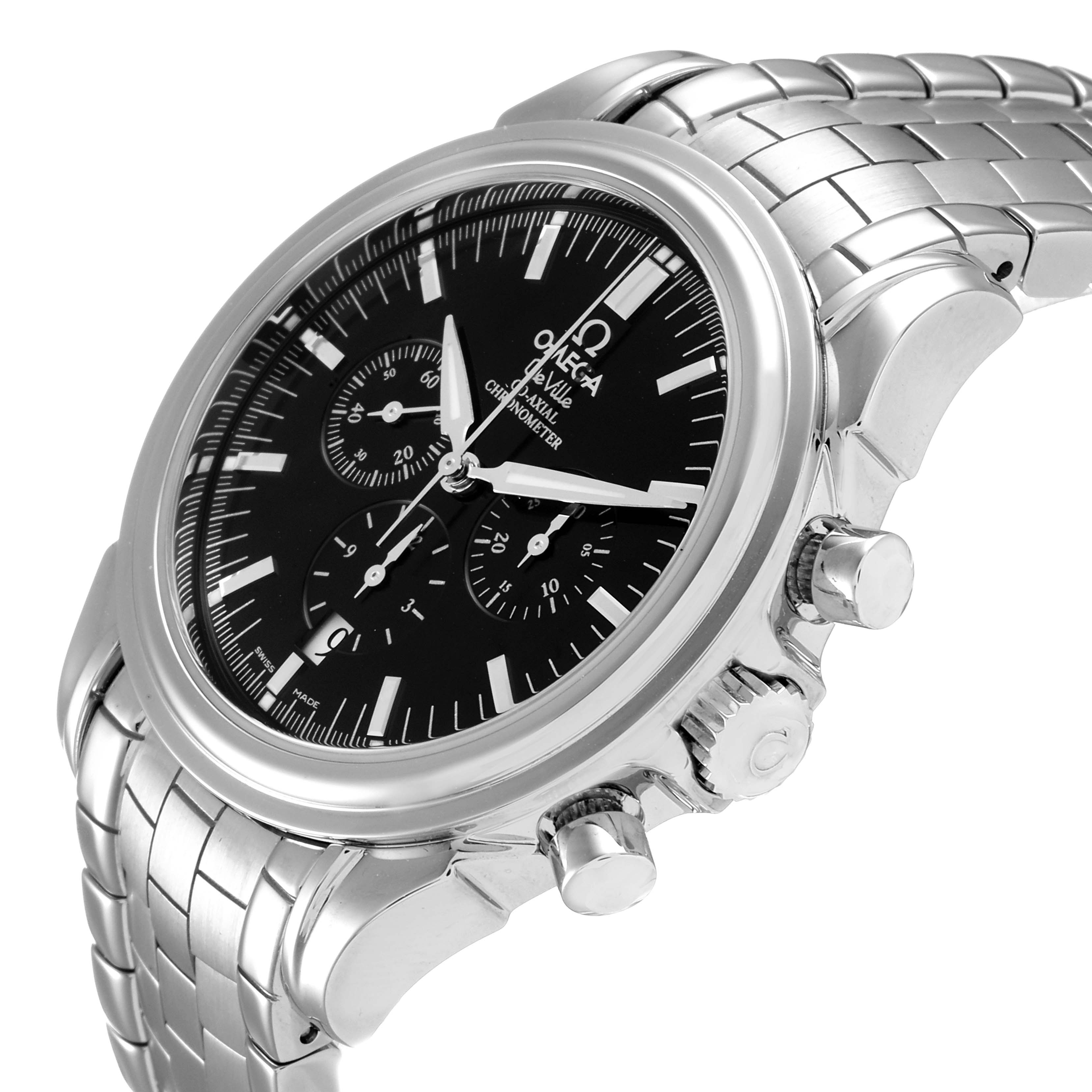 The image shows a side angle of the Omega De Ville 4541.50.00 Men's Stainless Steel Black Dial 4541.50.00 Men's Stainless Steel Black Dial watch, highlighting its face, bezel, buttons, and metal bracelet.