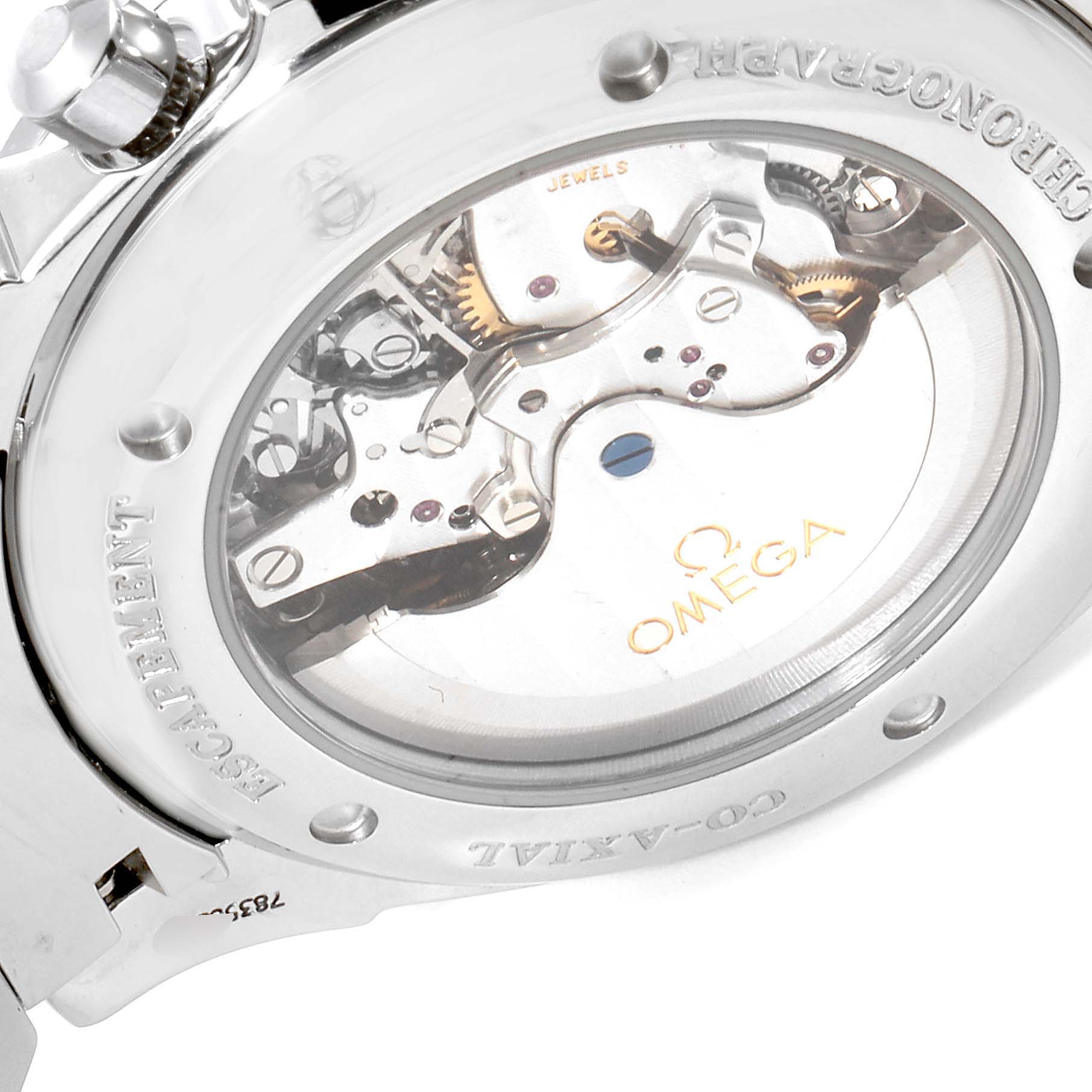 This image shows the back view of an Omega De Ville 4541.50.00 Men's Stainless Steel Black Dial 4541.50.00 Men's Stainless Steel Black Dial watch, highlighting its exposed internal mechanisms.