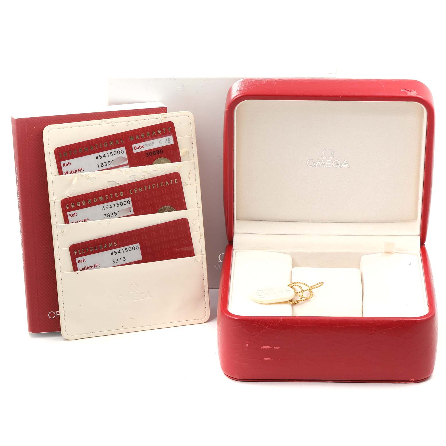 The image shows the Omega De Ville 4541.50.00 Men's Stainless Steel Black Dial 4541.50.00 Men's Stainless Steel Black Dial watch box, warranty cards, and certification, all positioned front-facing.