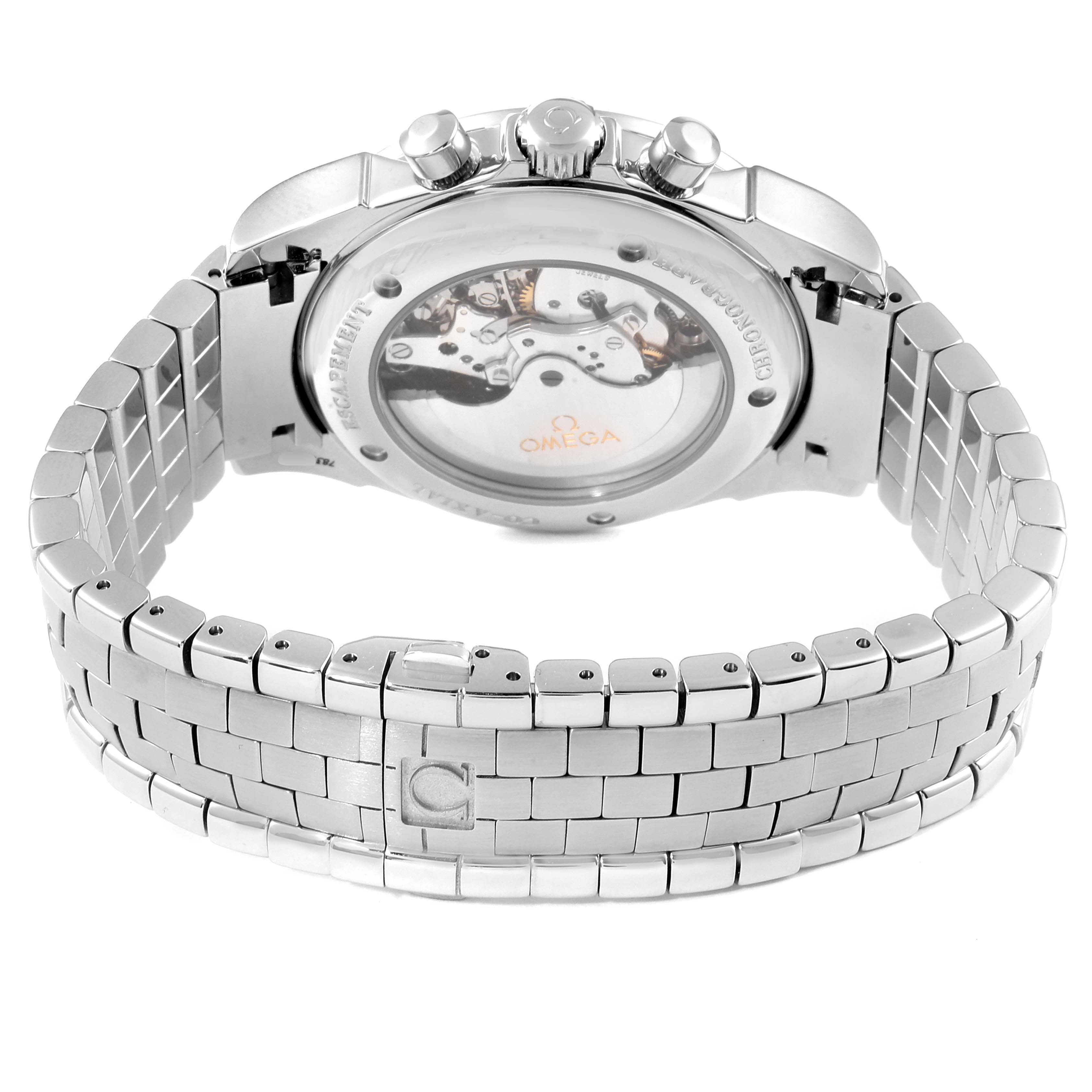 The image shows the back and bracelet of the Omega De Ville 4541.50.00 Men's Stainless Steel Black Dial 4541.50.00 Men's Stainless Steel Black Dial watch, highlighting the movement through the transparent case back.