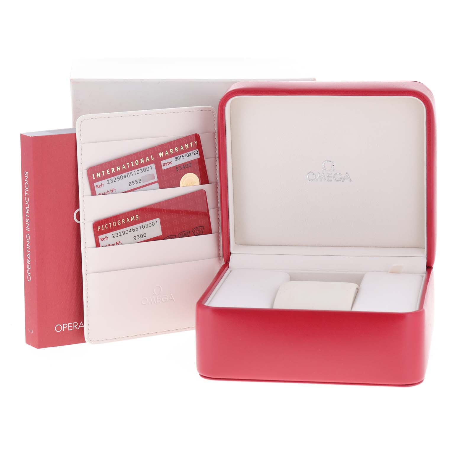 The image shows an Omega Planet Ocean 232.90.46.51.03.001 Men's Titanium Blue Dial 232.90.46.51.03.001 Men's Titanium Blue Dial model's watch box, warranty cards in a holder, and the operating instructions.