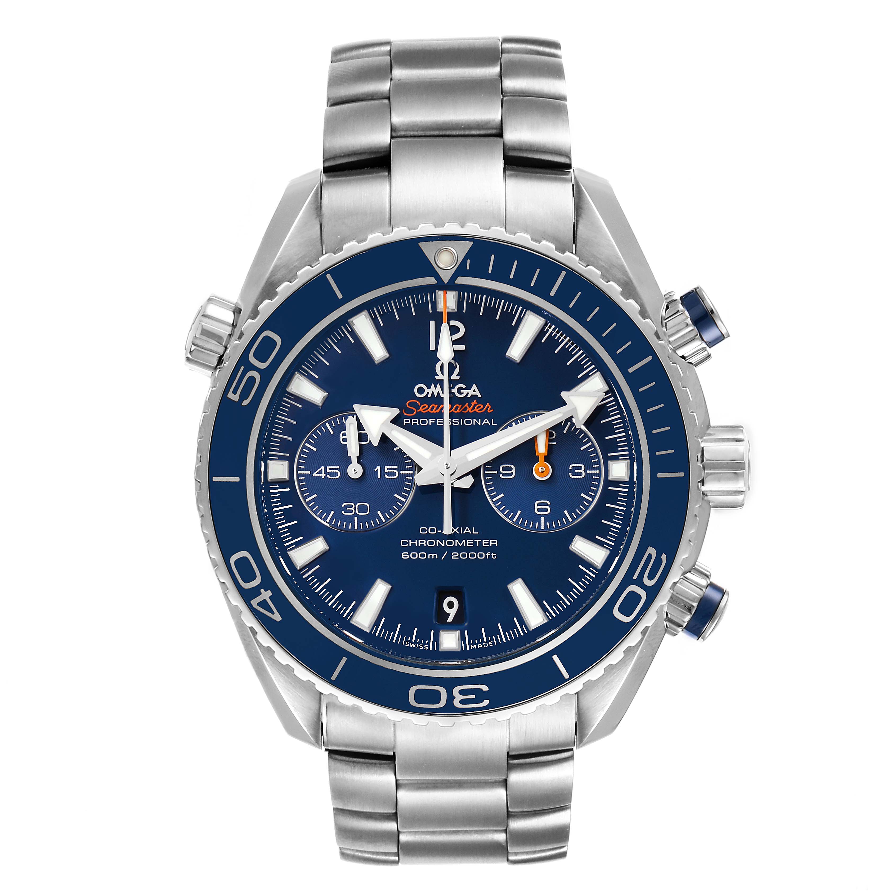 The image shows a front view of the Omega Planet Ocean 232.90.46.51.03.001 Men's Titanium Blue Dial 232.90.46.51.03.001 Men's Titanium Blue Dial watch, highlighting its blue bezel, chronograph dials, and stainless steel bracelet.
