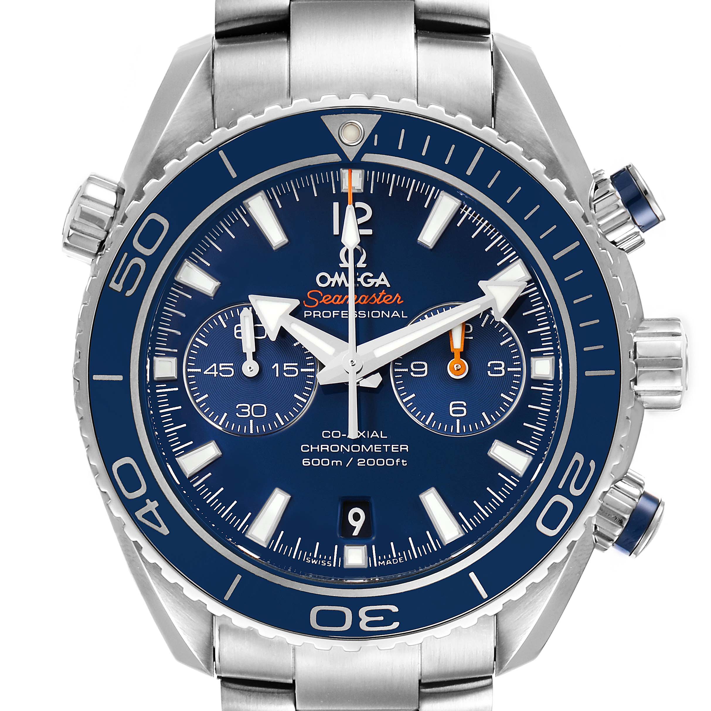This image shows a front view of an Omega Planet Ocean 232.90.46.51.03.001 Men's Titanium Blue Dial 232.90.46.51.03.001 Men's Titanium Blue Dial watch, displaying the dial, bezel, and part of the bracelet.