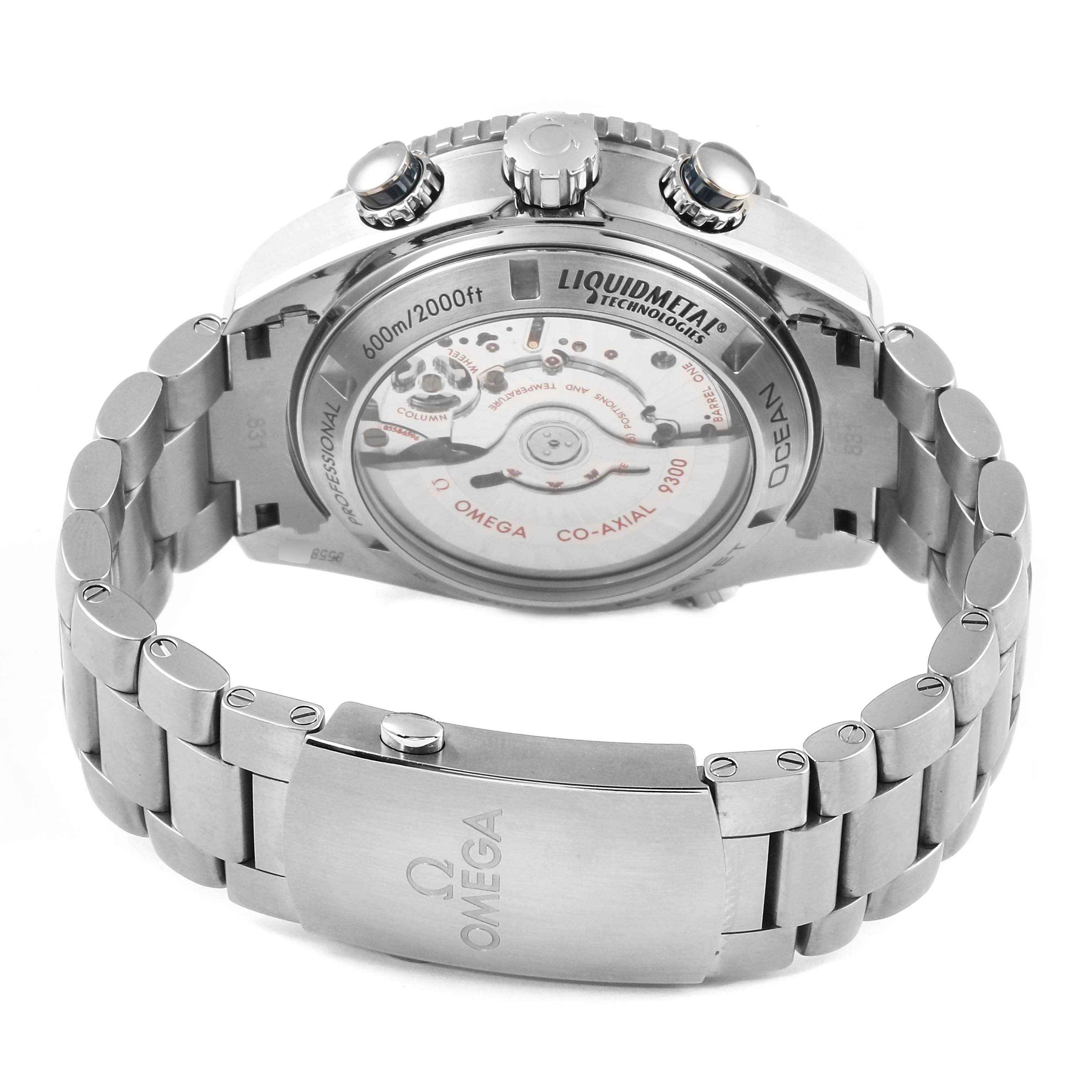 The Omega Planet Ocean 232.90.46.51.03.001 Men's Titanium Blue Dial 232.90.46.51.03.001 Men's Titanium Blue Dial watch is shown from the back, highlighting its metal bracelet, clasp, and the movement through the transparent case back.