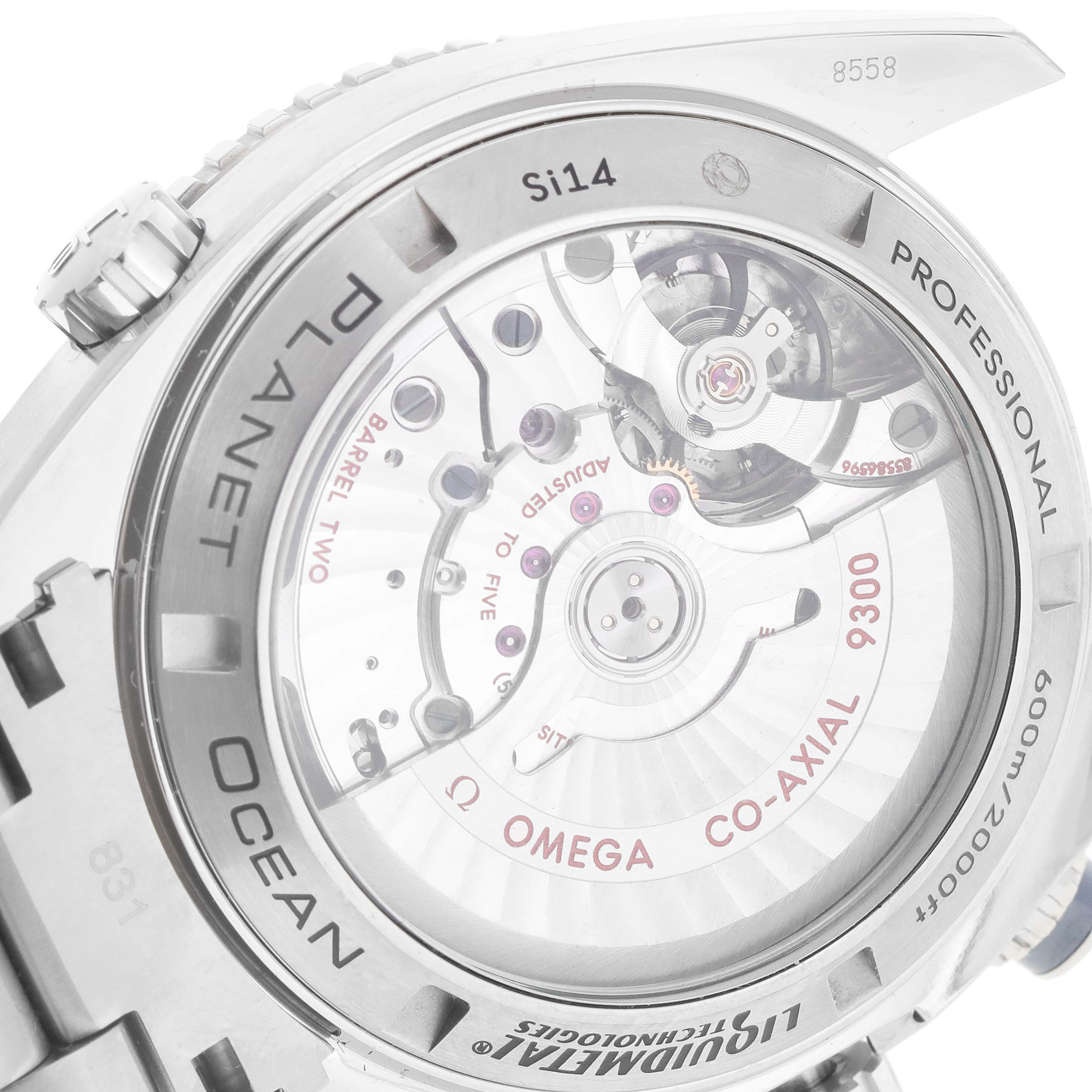 The image shows the transparent case back of an Omega Planet Ocean 232.90.46.51.03.001 Men's Titanium Blue Dial 232.90.46.51.03.001 Men's Titanium Blue Dial watch, showcasing its inner mechanical movement.