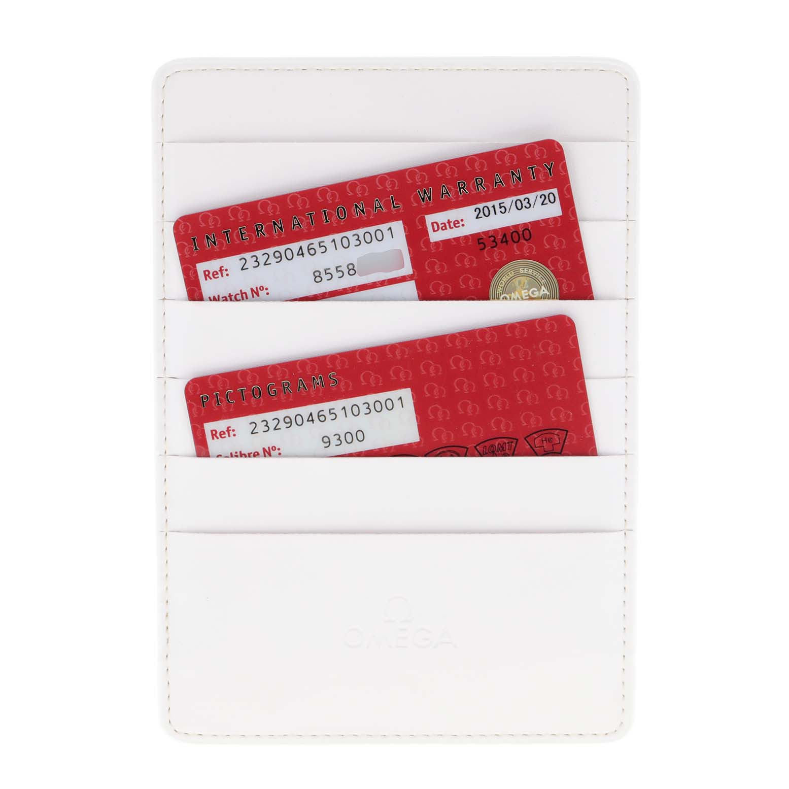 This image shows the warranty and pictogram cards for the Omega Planet Ocean 232.90.46.51.03.001 Men's Titanium Blue Dial 232.90.46.51.03.001 Men's Titanium Blue Dial model, stored in a white card holder.