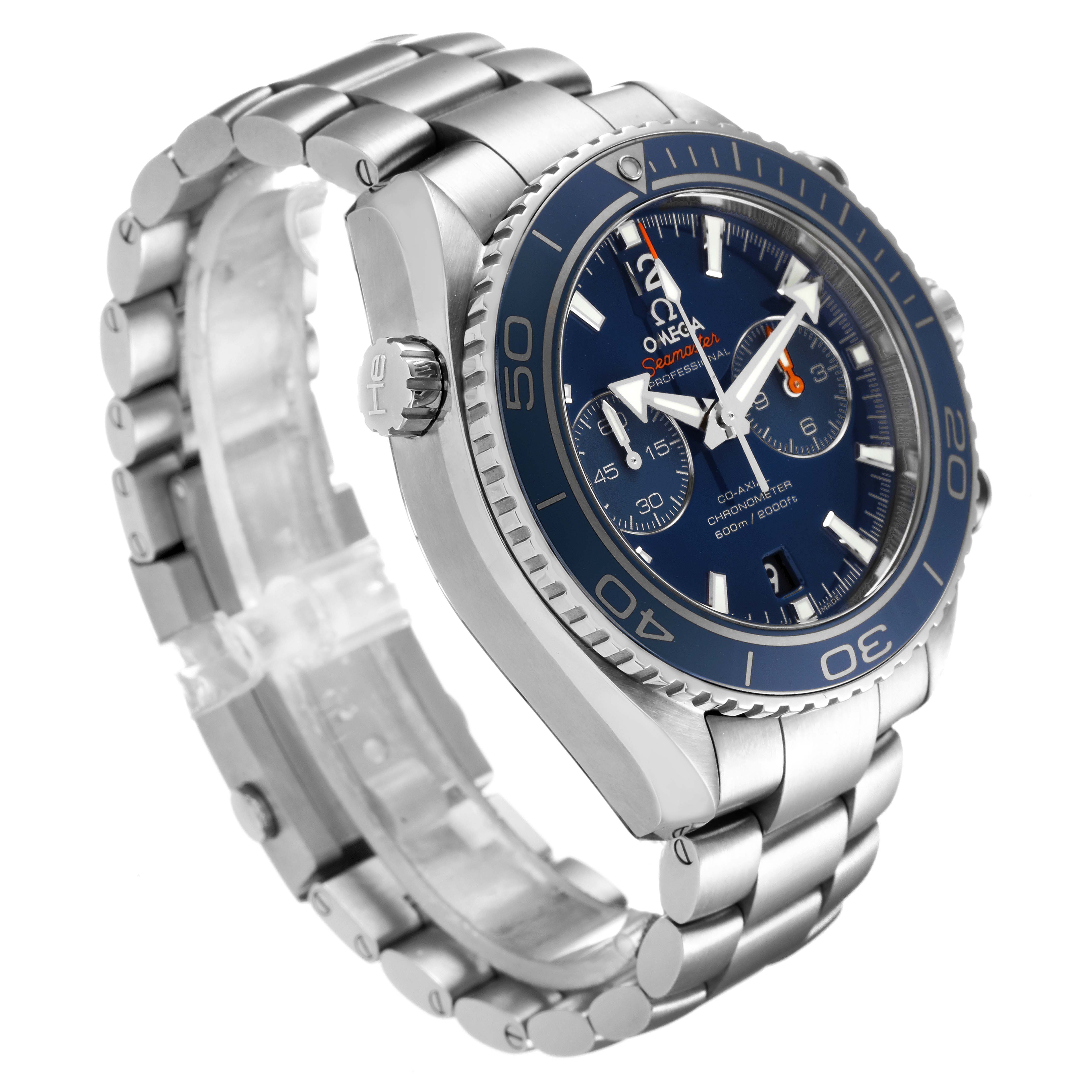 The Omega Planet Ocean 232.90.46.51.03.001 Men's Titanium Blue Dial 232.90.46.51.03.001 Men's Titanium Blue Dial watch is shown at a three-quarter angle, highlighting the dial, bezel, crown, and bracelet.