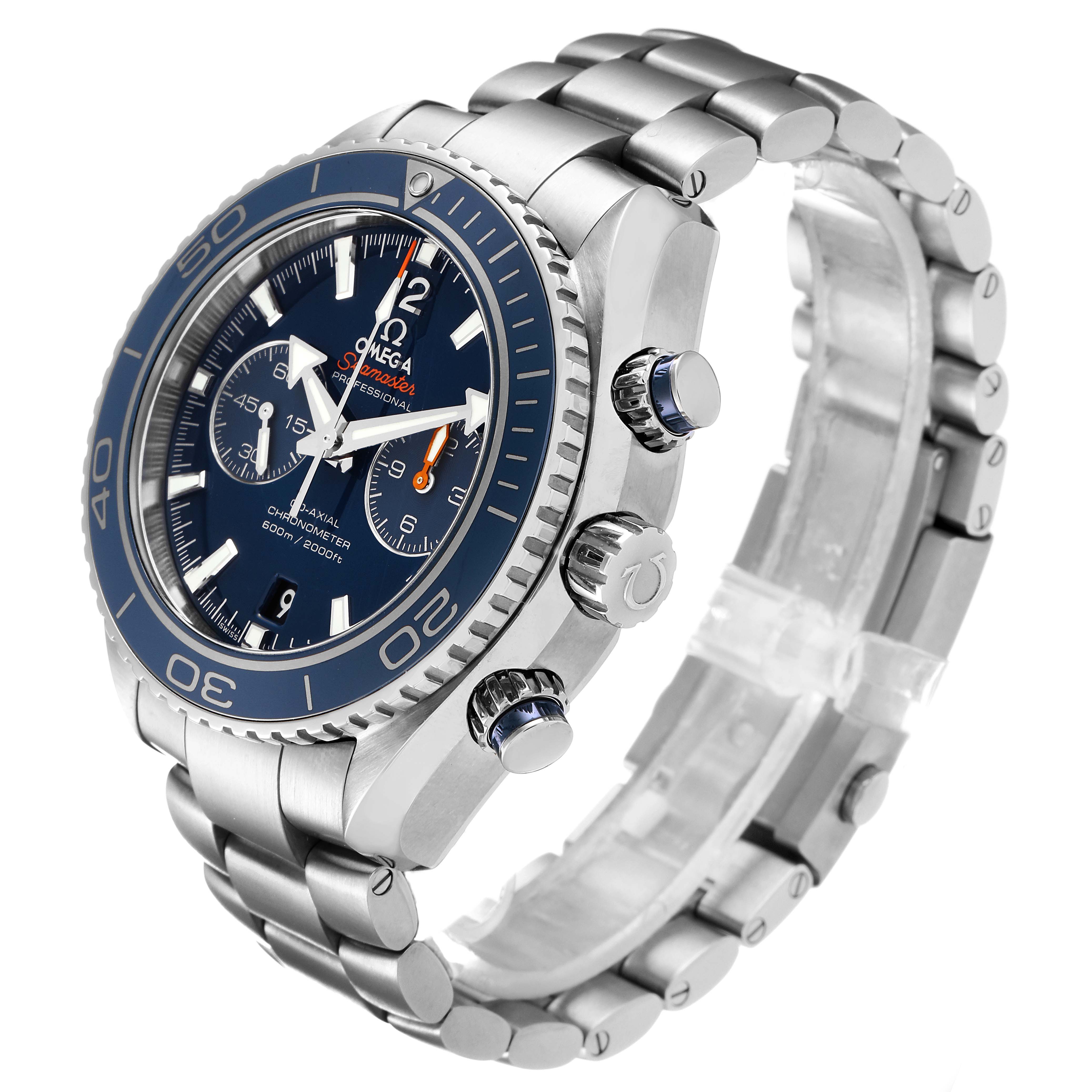 This image shows a side angle of the Omega Planet Ocean 232.90.46.51.03.001 Men's Titanium Blue Dial 232.90.46.51.03.001 Men's Titanium Blue Dial watch, highlighting its bezel, crown, pushers, and metal bracelet.