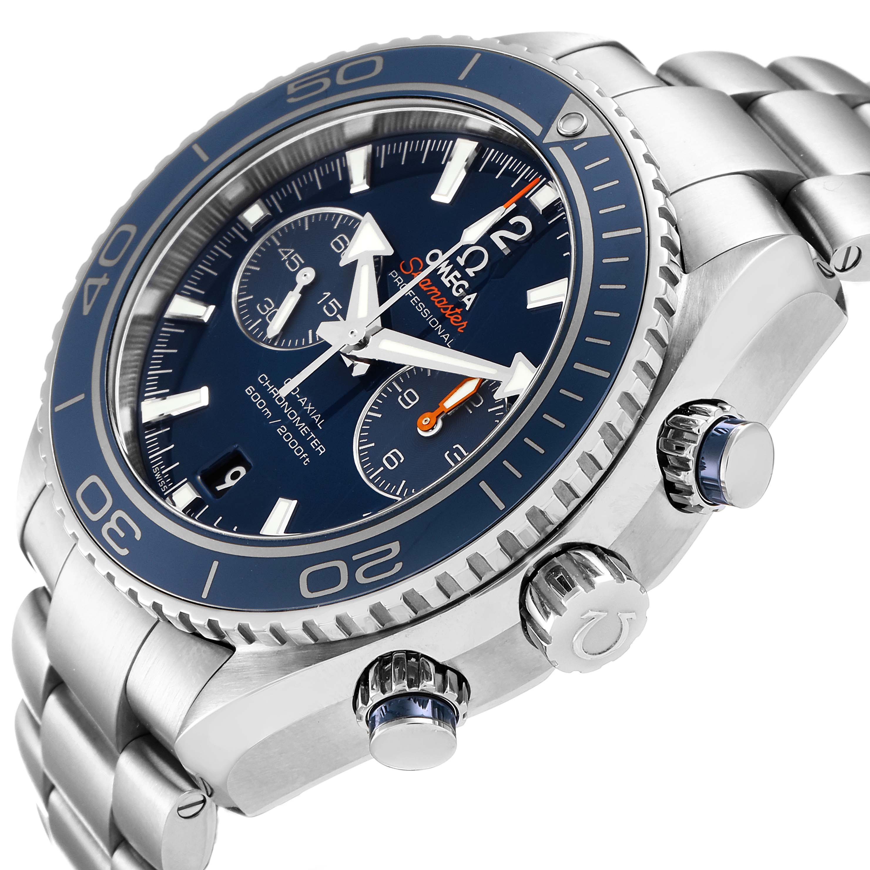 The image shows an angled view of the Omega Planet Ocean 232.90.46.51.03.001 Men's Titanium Blue Dial 232.90.46.51.03.001 Men's Titanium Blue Dial watch, focusing on the dial, bezel, crown, and part of the bracelet.