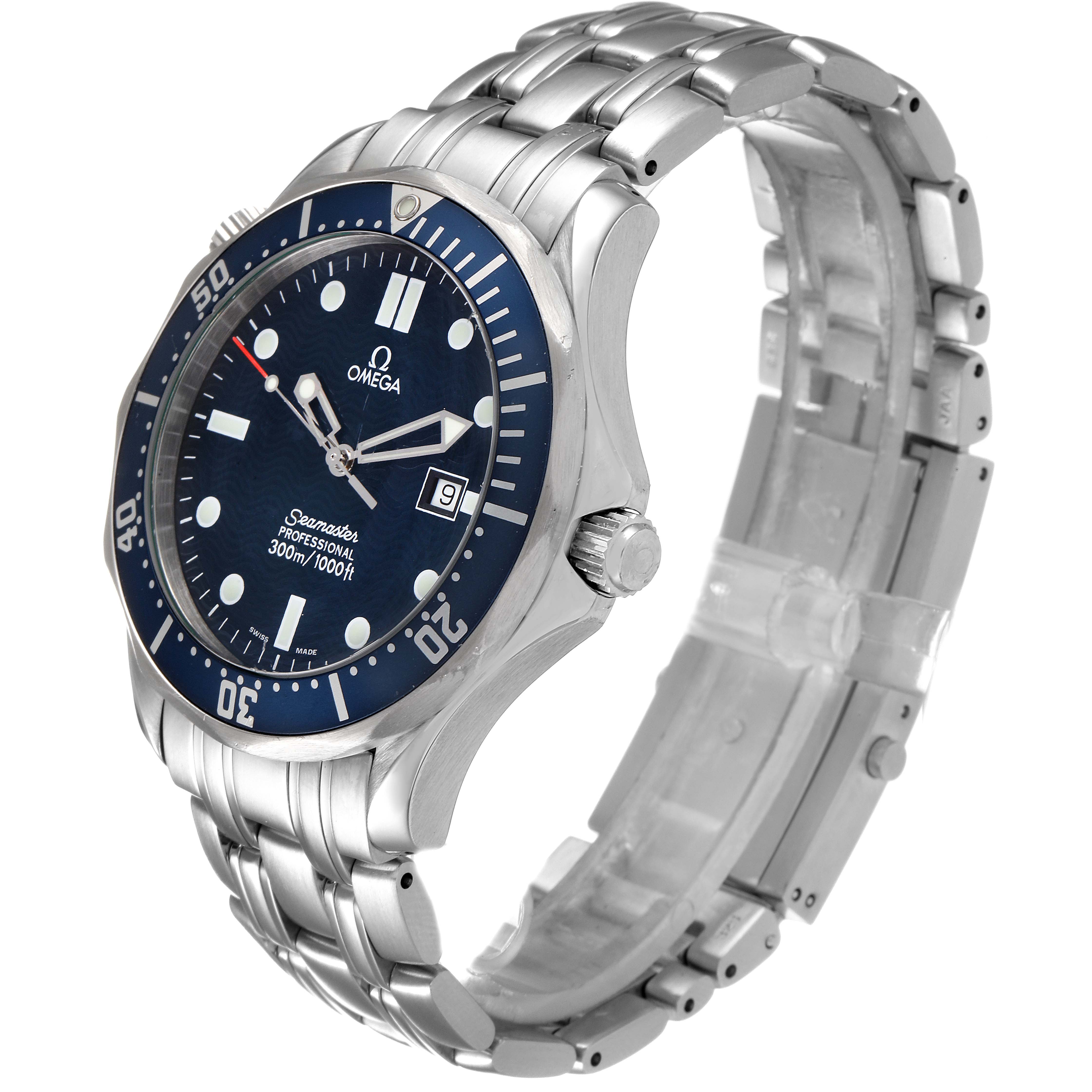 This image shows the Omega Seamaster 2541.80.00 Men
s Stainless Steel Blue Dial 2541.80.00 Men
s Stainless Steel Blue Dial watch at a three-quarter angle, highlighting the dial, bezel, crown, and metal bracelet.
