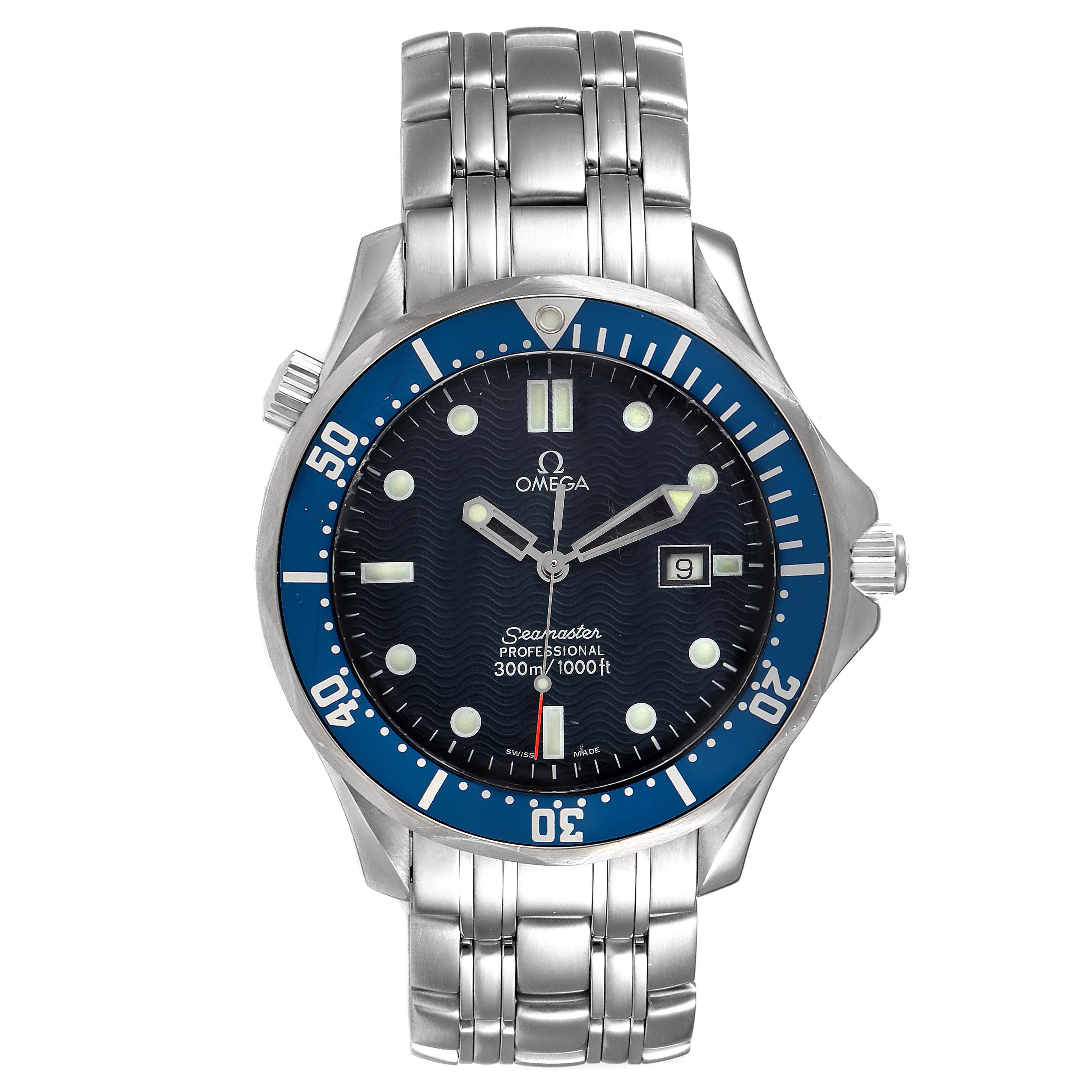 The Omega Seamaster 2541.80.00 Men
s Stainless Steel Blue Dial 2541.80.00 Men
s Stainless Steel Blue Dial watch is shown from a front angle, displaying its face, bezel, and bracelet.