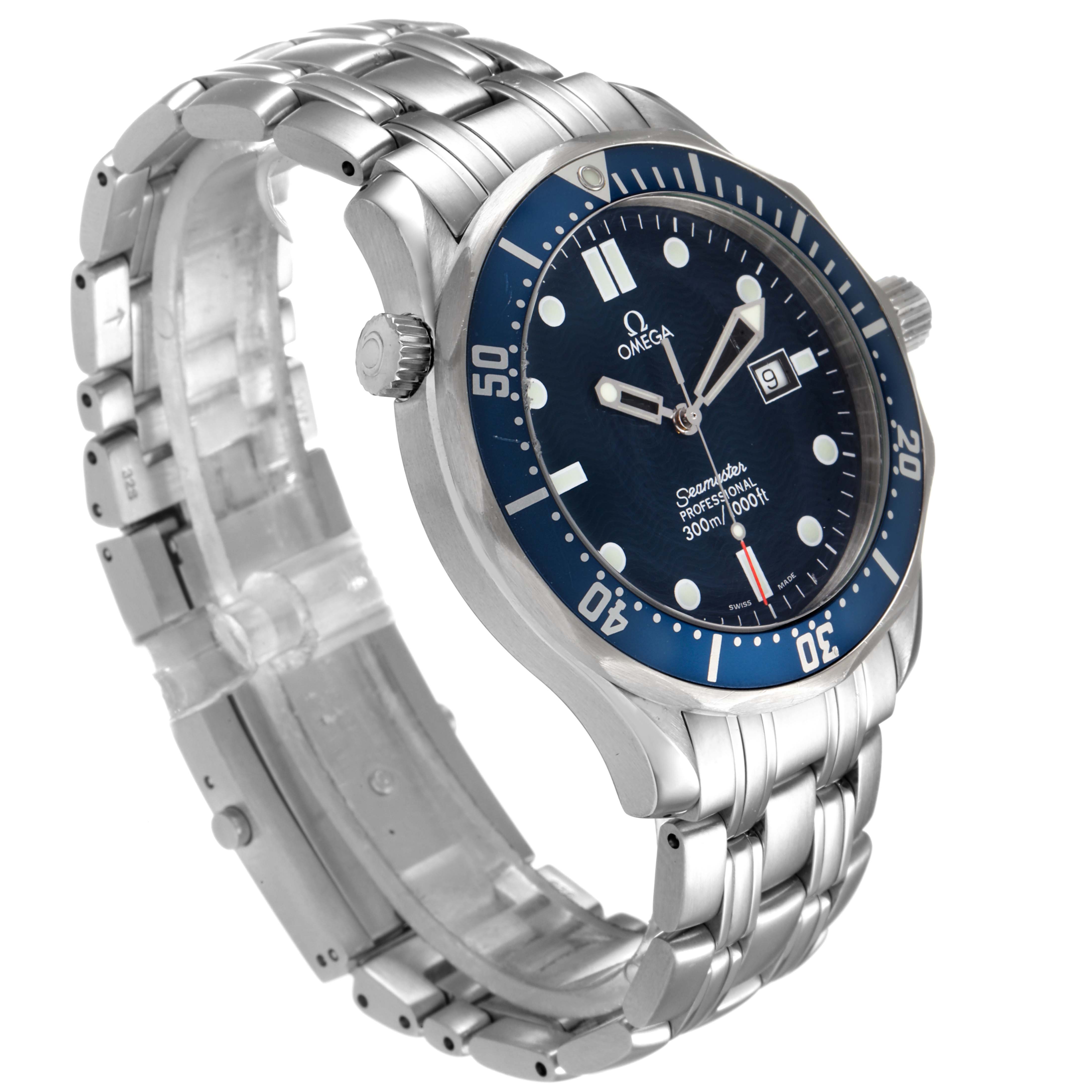 The image shows an Omega Seamaster 2541.80.00 Men
s Stainless Steel Blue Dial 2541.80.00 Men
s Stainless Steel Blue Dial watch from a side angle, highlighting its bracelet, case, blue dial, and bezel.