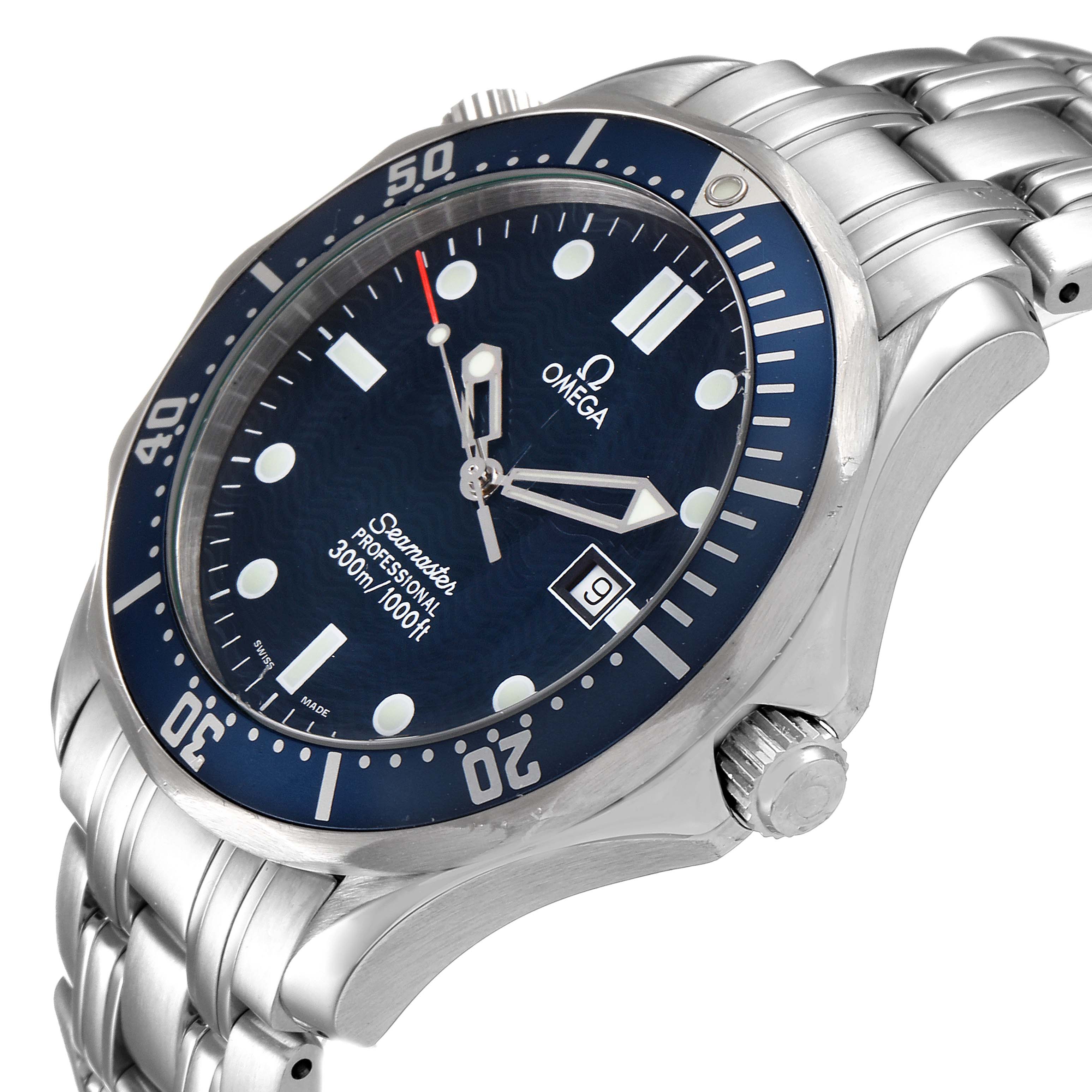 The Omega Seamaster 2541.80.00 Men
s Stainless Steel Blue Dial 2541.80.00 Men
s Stainless Steel Blue Dial watch is shown at a slight angle featuring its face, bezel, crown, and stainless steel bracelet.