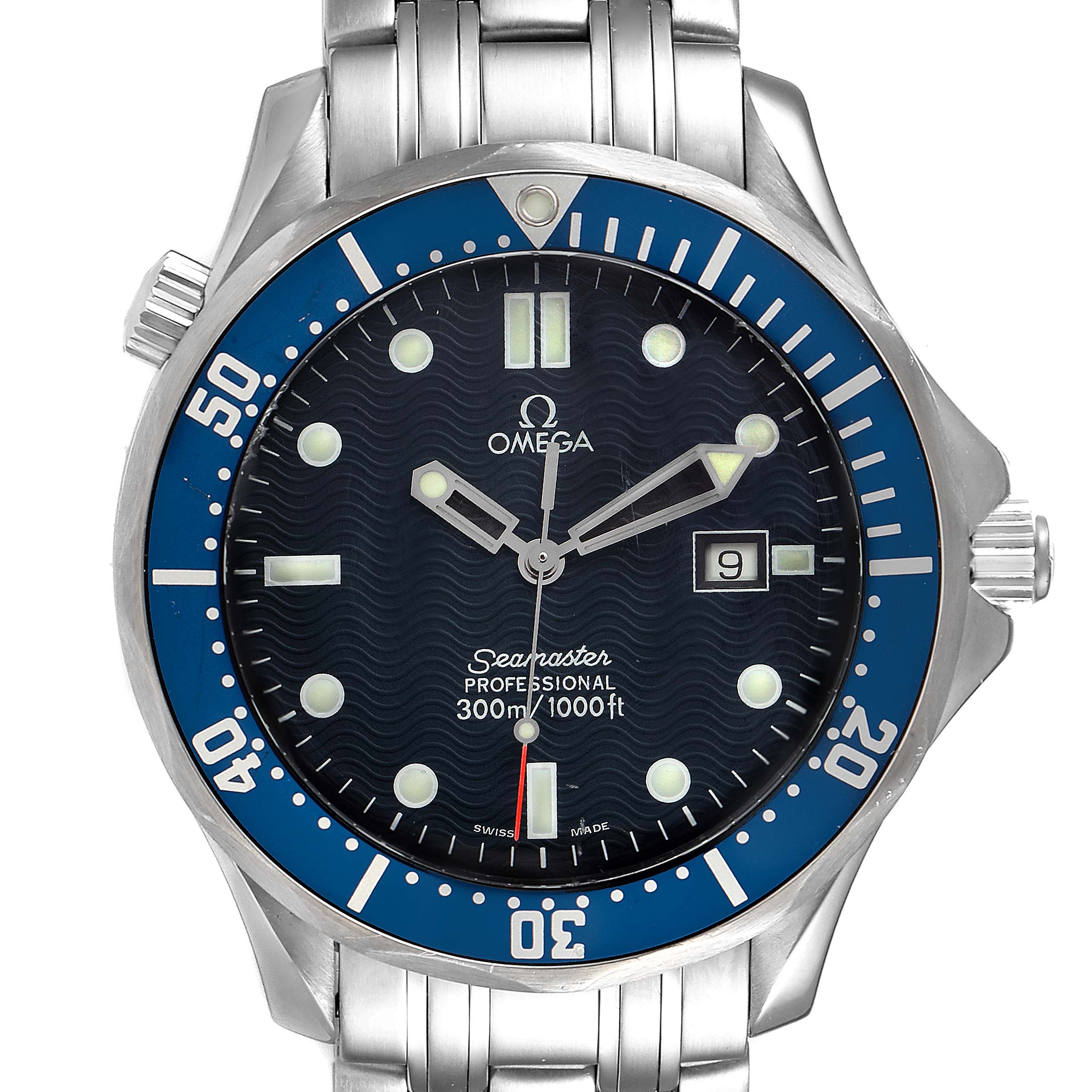 The image shows a front view of the Omega Seamaster 2541.80.00 Men
s Stainless Steel Blue Dial 2541.80.00 Men
s Stainless Steel Blue Dial Professional, displaying the dial, bezel, and part of the bracelet.