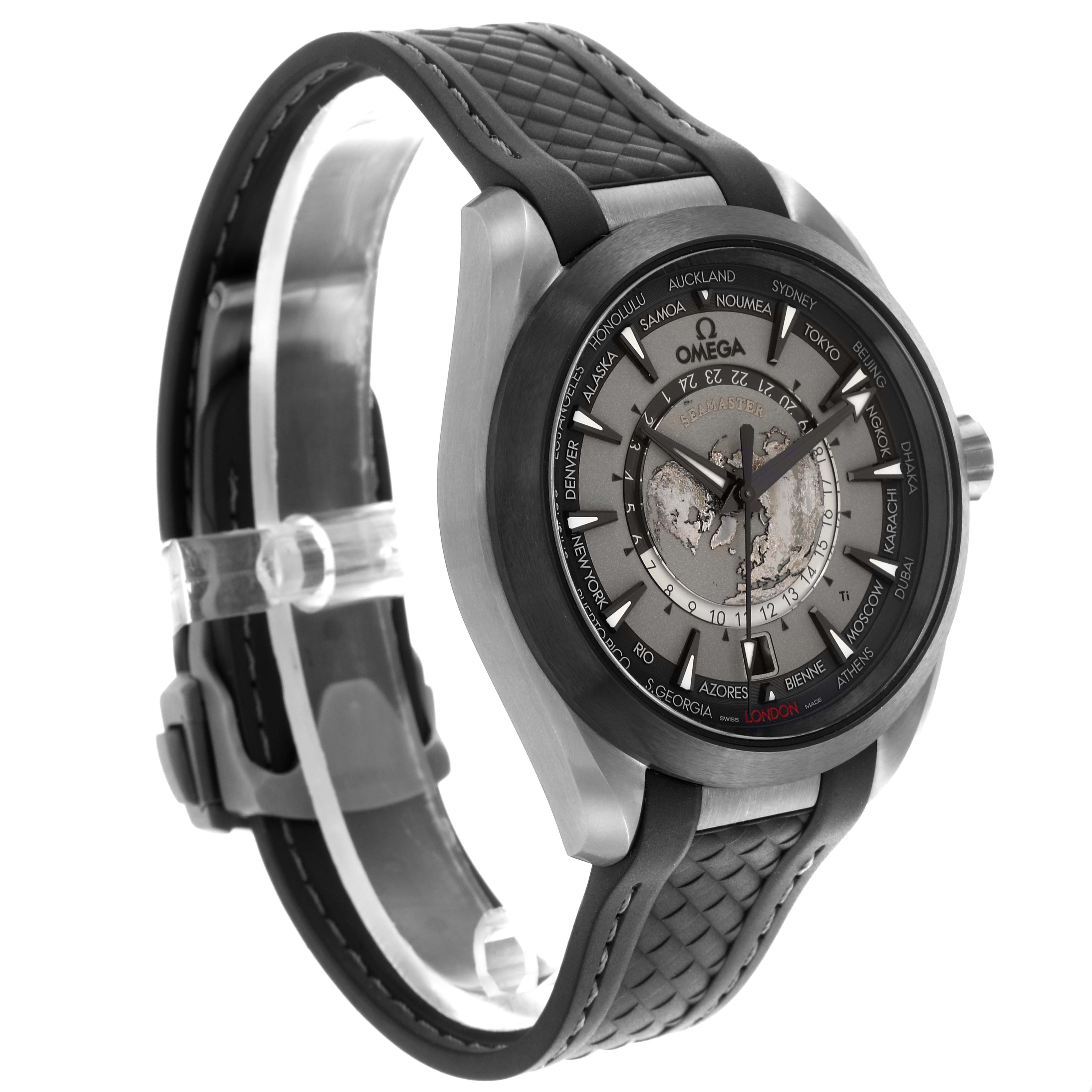 The Omega Aqua Terra 220.92.43.22.99.001 Men's Titanium Black Dial watch is shown from a three-quarter angle, highlighting the face, bezel, and textured strap.
