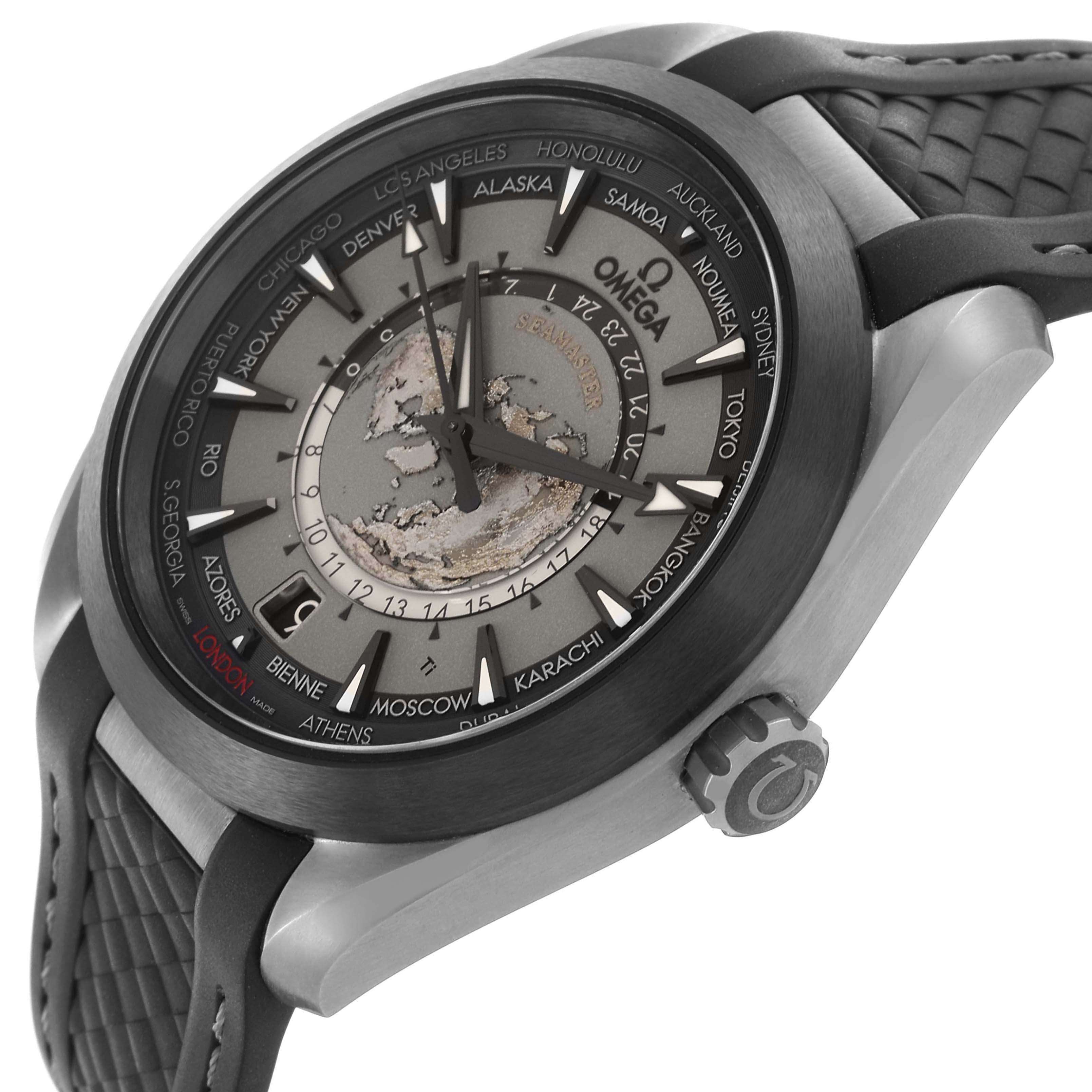The Omega Aqua Terra 220.92.43.22.99.001 Men's Titanium Black Dial watch is shown at a slight side angle, highlighting the face, bezel, crown, and textured strap.
