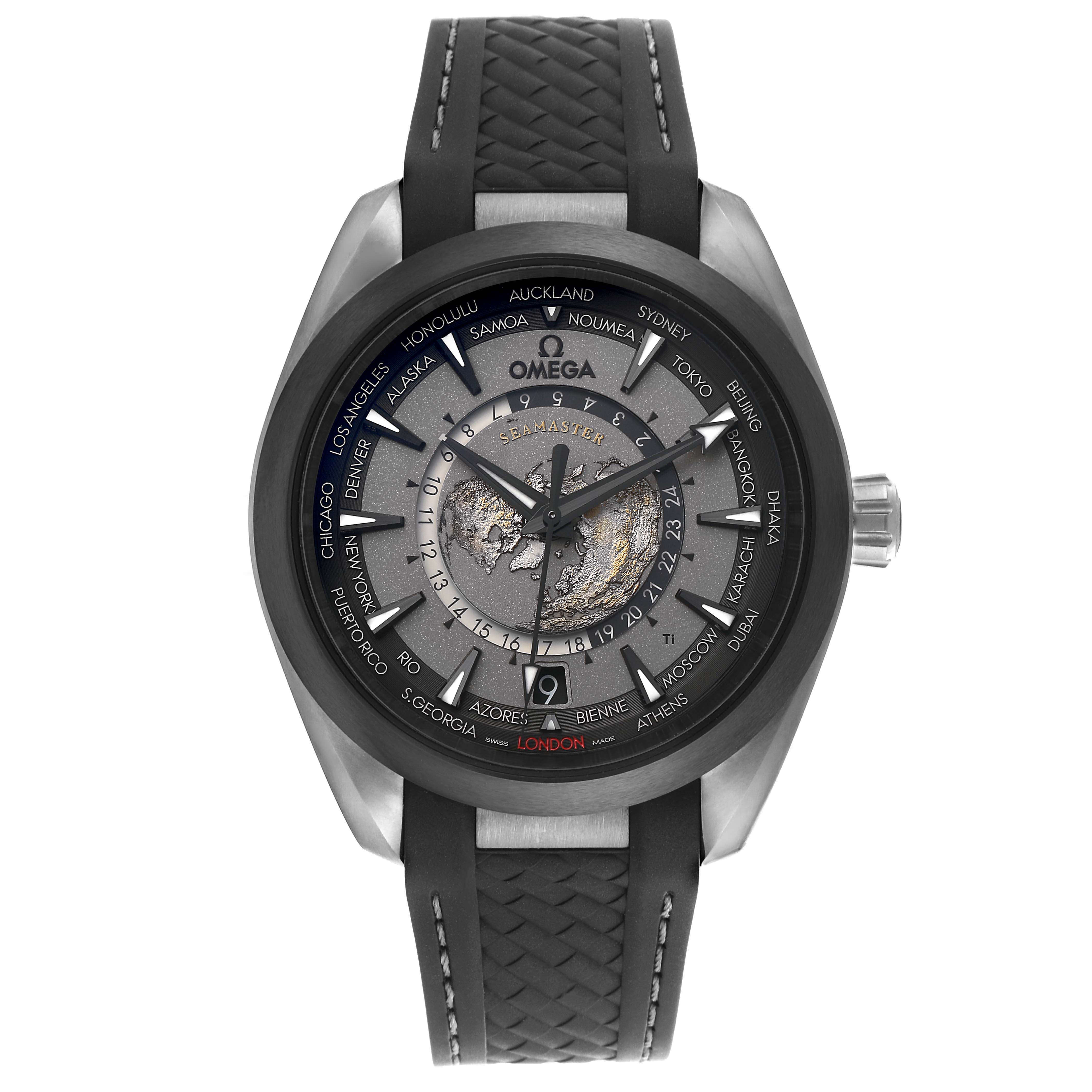 The Omega Aqua Terra 220.92.43.22.99.001 Men's Titanium Black Dial watch is shown from the front, displaying the face, bezel, and part of the strap.