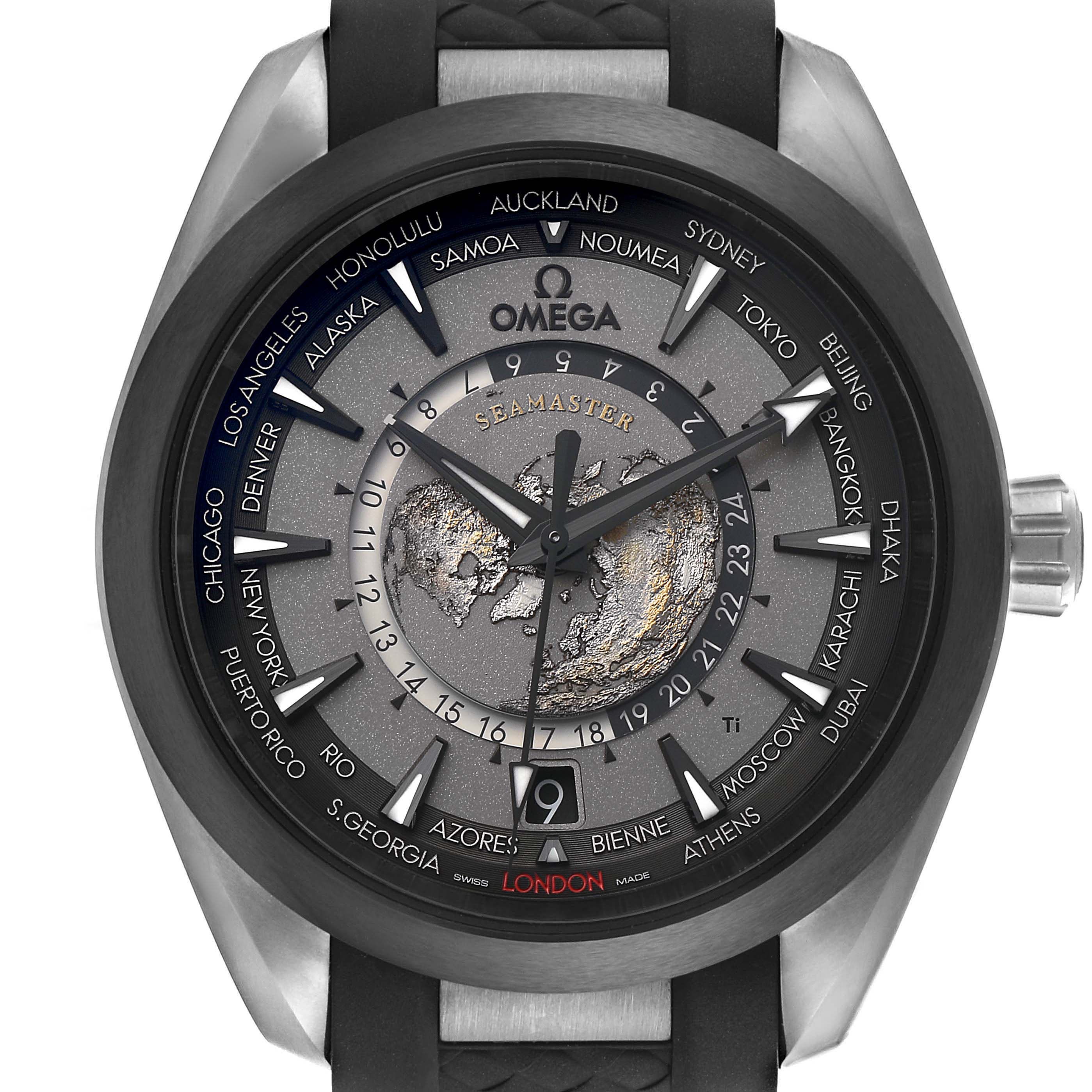 The Omega Aqua Terra 220.92.43.22.99.001 Men's Titanium Black Dial watch is shown from the front, highlighting the dial, world time zone cities, and crown.