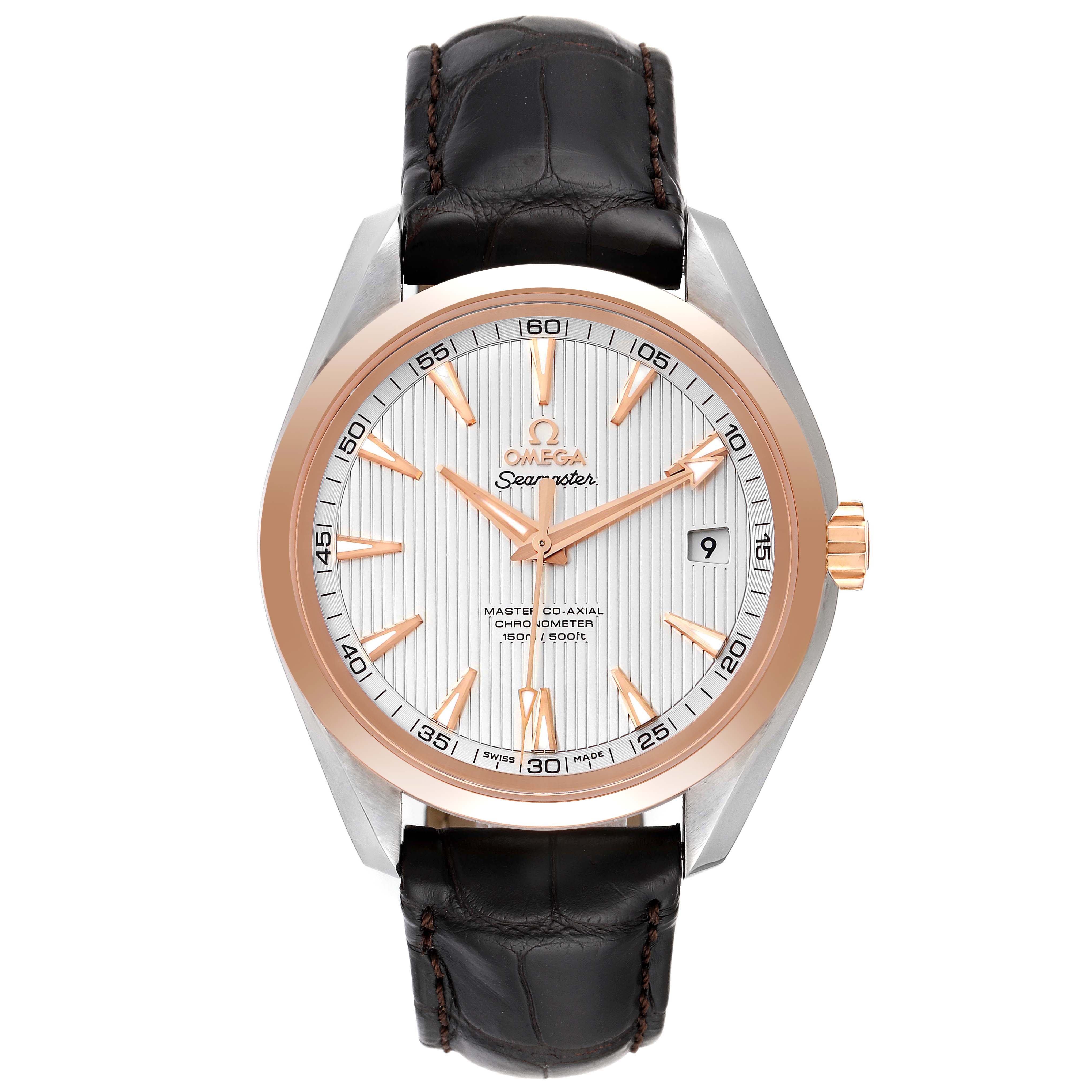 This image shows the front view of an Omega Aqua Terra 231.23.42.21.02.001 Men's Steel and Gold (two tone) Silver Dial 231.23.42.21.02.001 Men's Steel and Gold (two tone) Silver Dial watch, displaying its dial, hands, bezel, and leather strap.