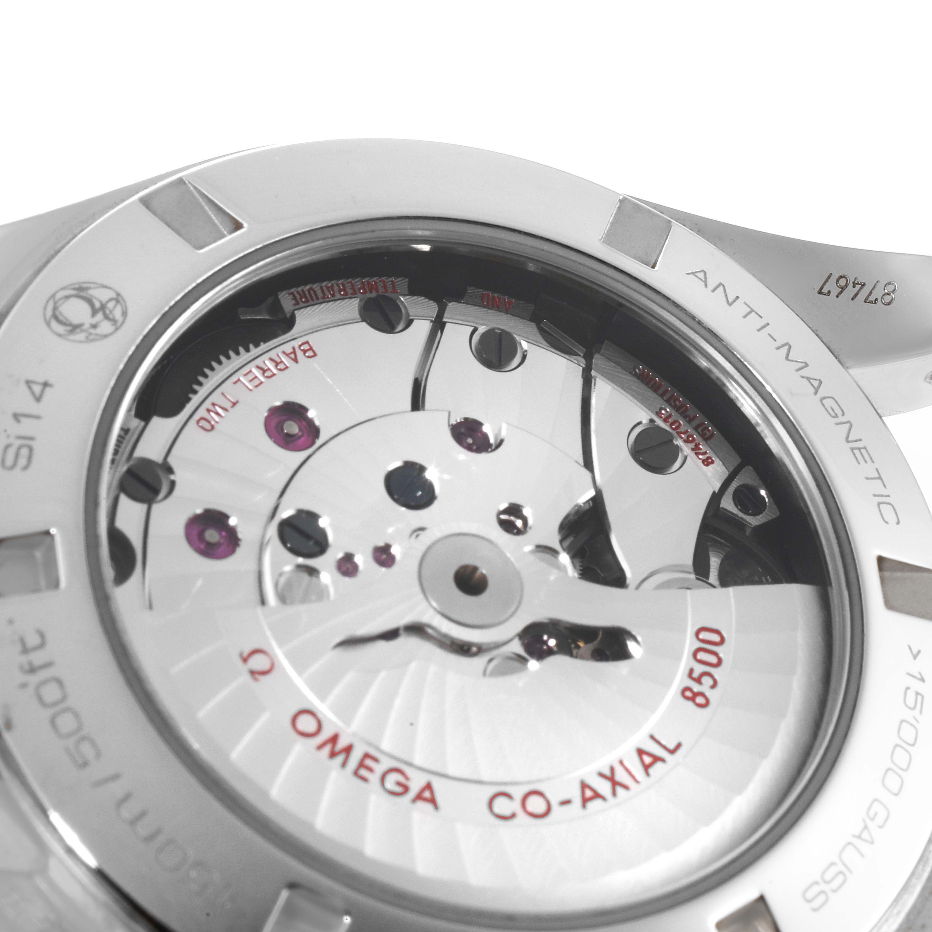 The image shows the back of an Omega Aqua Terra 231.23.42.21.02.001 Men's Steel and Gold (two tone) Silver Dial 231.23.42.21.02.001 Men's Steel and Gold (two tone) Silver Dial watch, specifically highlighting the Co-Axial 8500 movement mechanism.