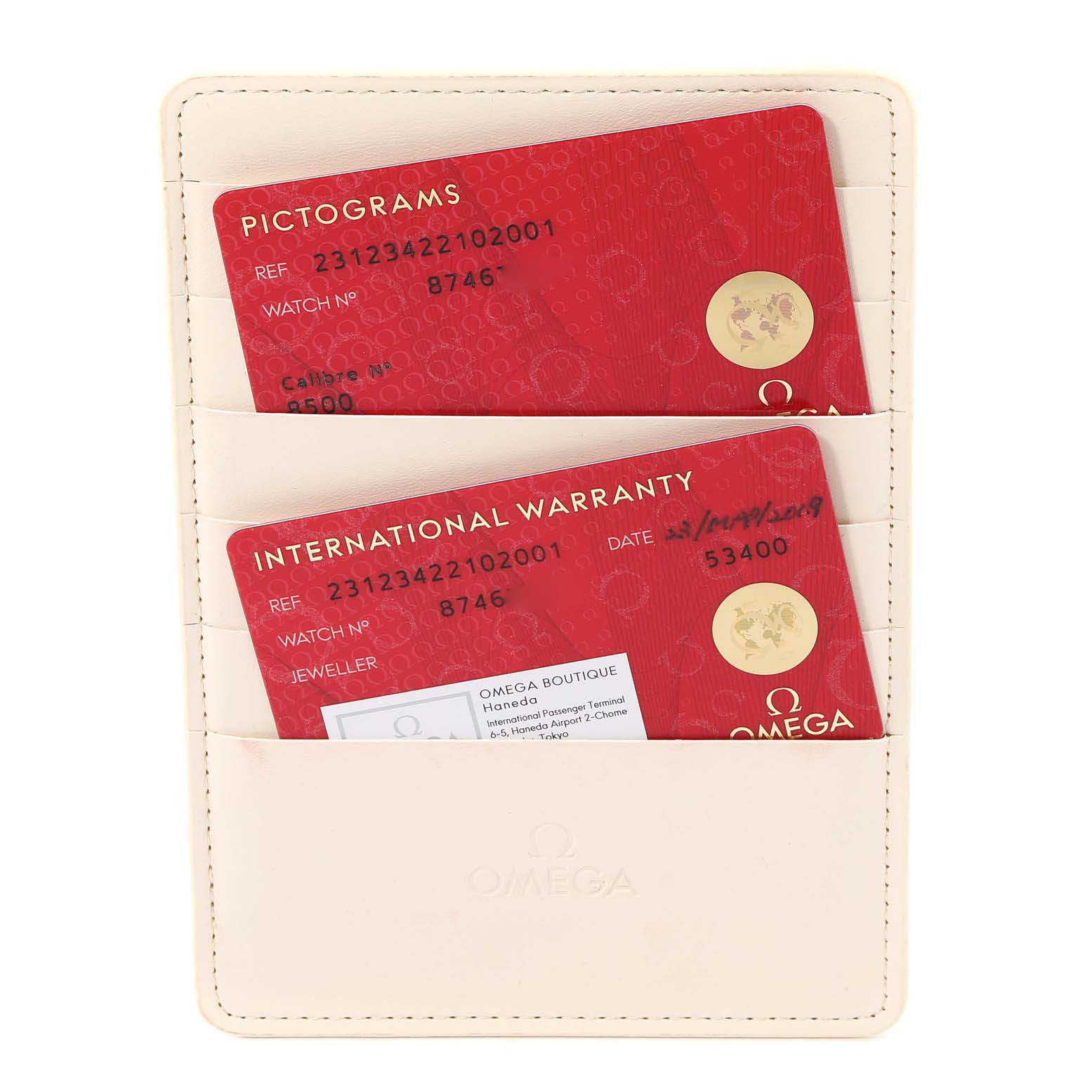 The image shows the International Warranty and Pictograms cards for the Omega Aqua Terra 231.23.42.21.02.001 Men's Steel and Gold (two tone) Silver Dial 231.23.42.21.02.001 Men's Steel and Gold (two tone) Silver Dial model in a cardholder.