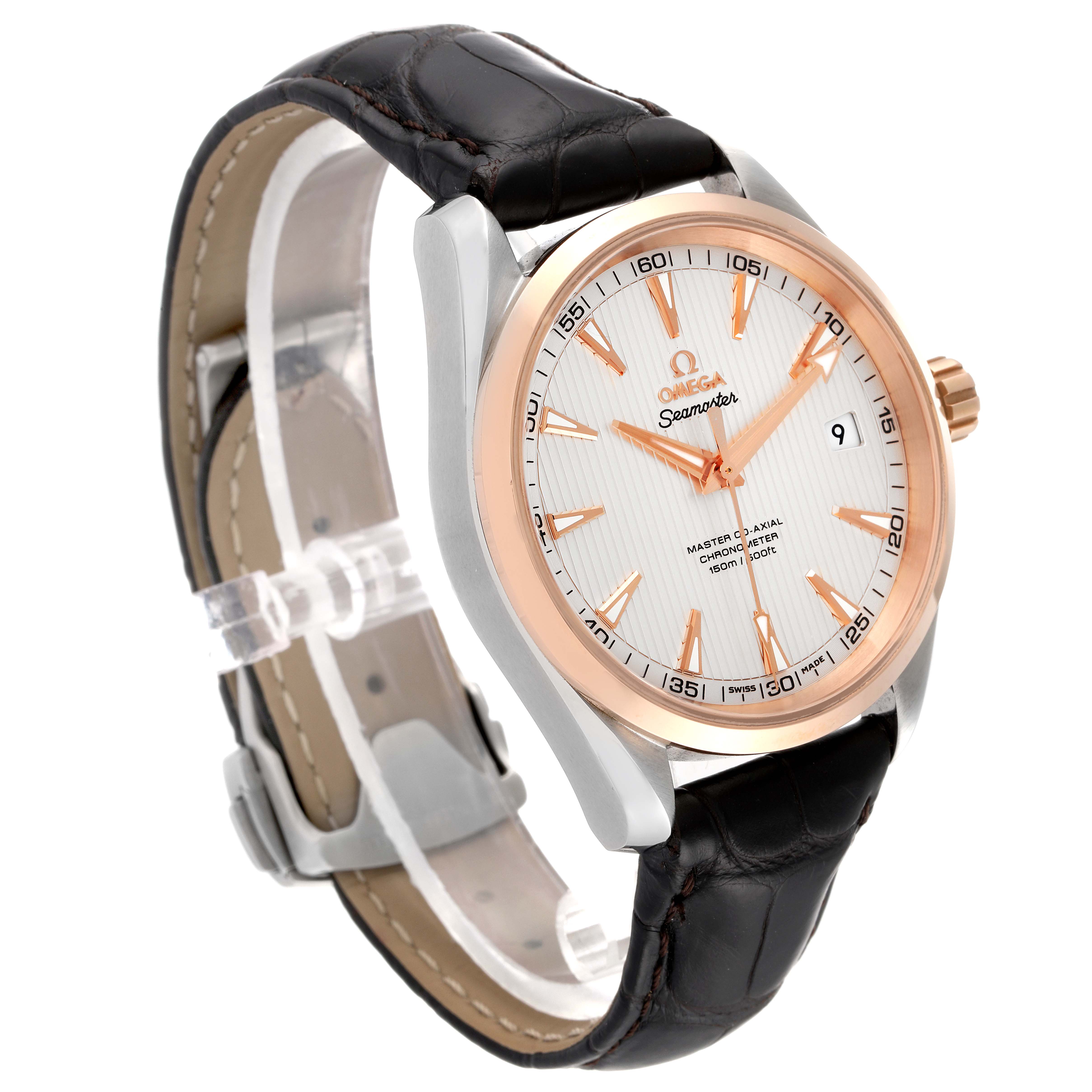 The Omega Aqua Terra 231.23.42.21.02.001 Men's Steel and Gold (two tone) Silver Dial 231.23.42.21.02.001 Men's Steel and Gold (two tone) Silver Dial watch is shown at a 3/4 angle, displaying the face, case, crown, and leather strap.
