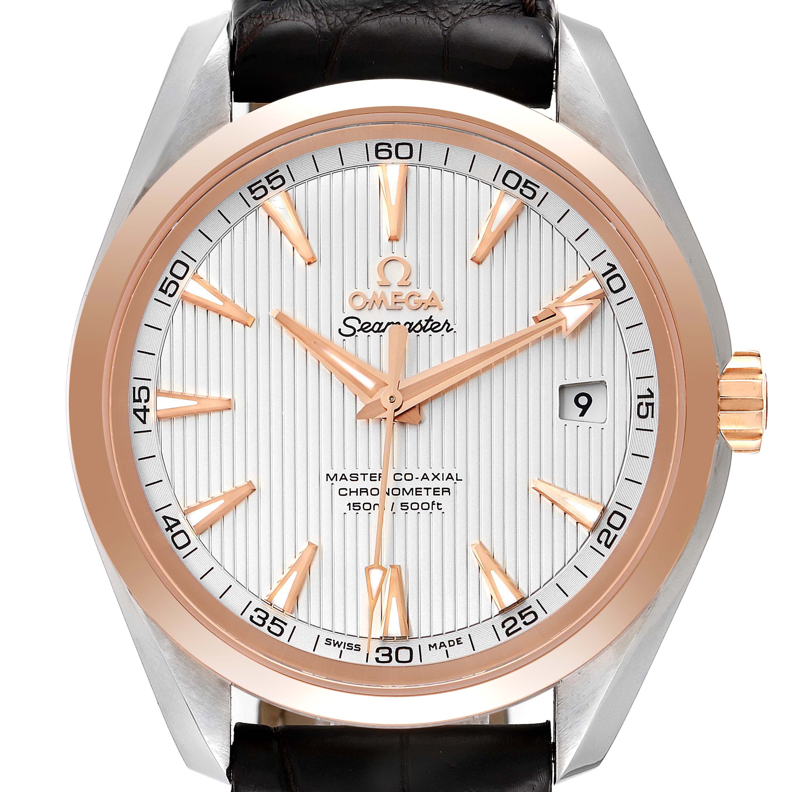 The image shows a frontal view of the Omega Aqua Terra 231.23.42.21.02.001 Men's Steel and Gold (two tone) Silver Dial 231.23.42.21.02.001 Men's Steel and Gold (two tone) Silver Dial watch, highlighting its dial, hands, indices, bezel, and crown.
