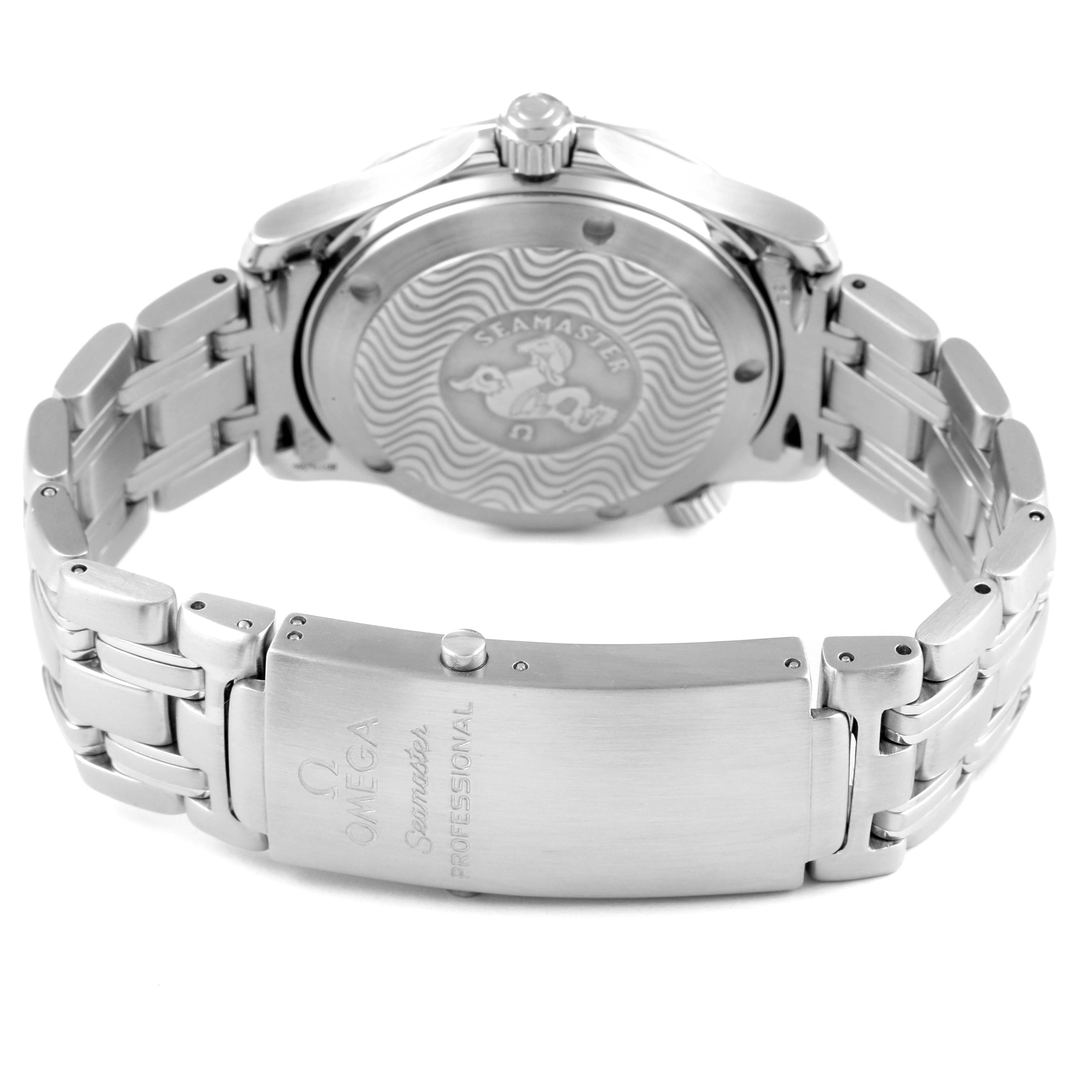 This image shows the back and clasp of an Omega Seamaster 2551.80.00 Men
s Stainless Steel Blue Dial 2551.80.00 Men
s Stainless Steel Blue Dial watch from a rear angle.