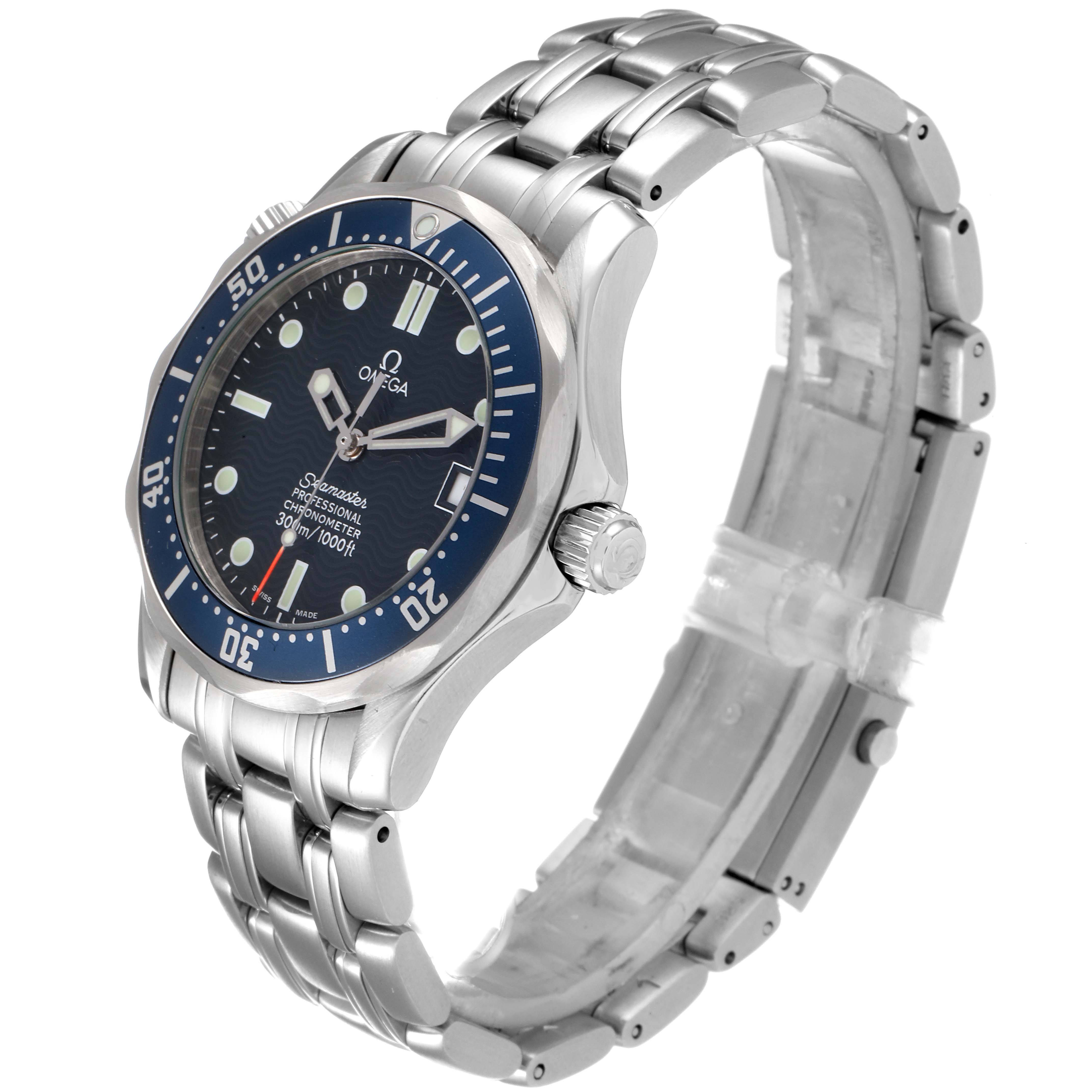 The Omega Seamaster 2551.80.00 Men
s Stainless Steel Blue Dial 2551.80.00 Men
s Stainless Steel Blue Dial watch is shown at a slight angle with a full view of the face, bezel, crown, and metal bracelet.