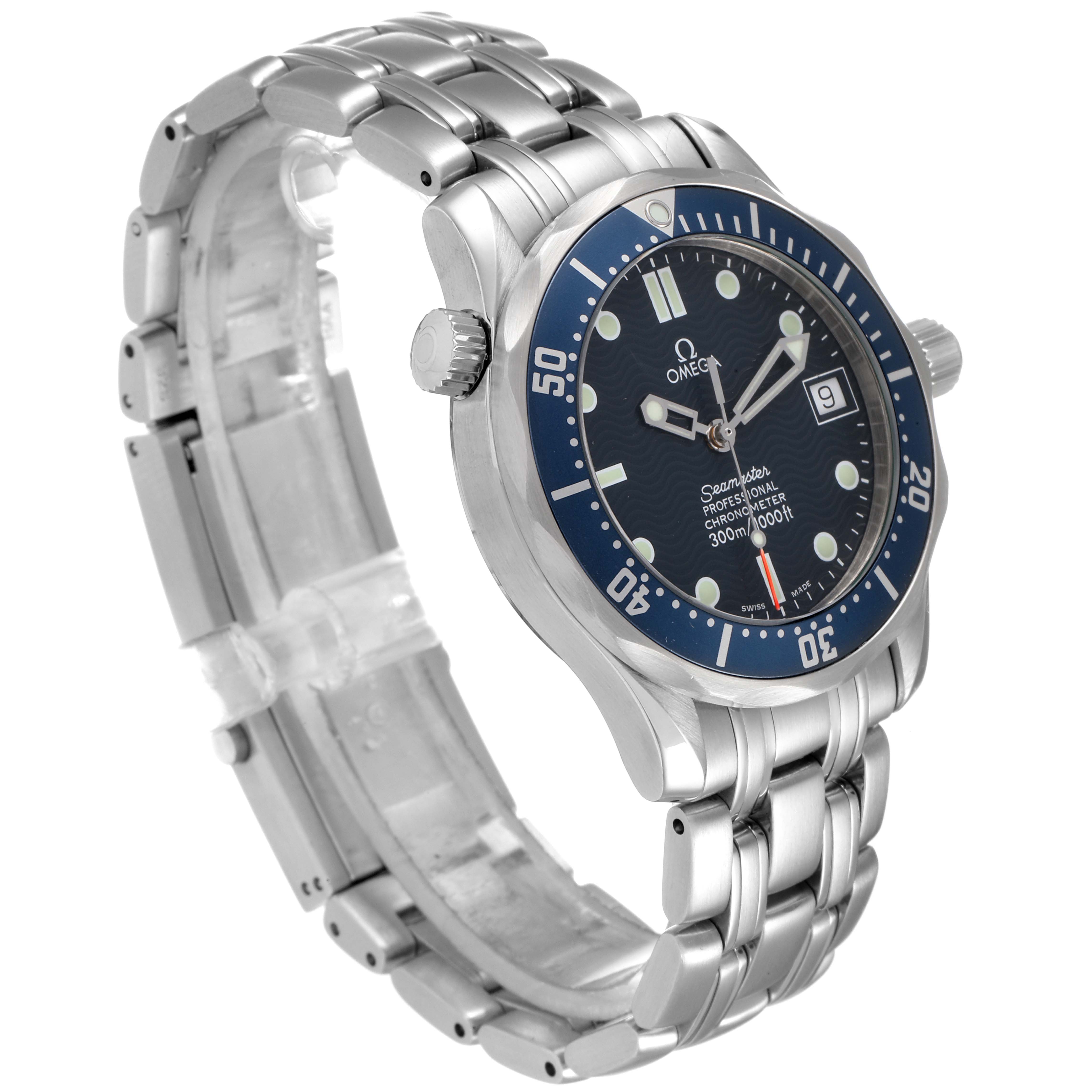 The Omega Seamaster 2551.80.00 Men
s Stainless Steel Blue Dial 2551.80.00 Men
s Stainless Steel Blue Dial watch is shown at an angle showcasing the face, bracelet, bezel, and side crown.