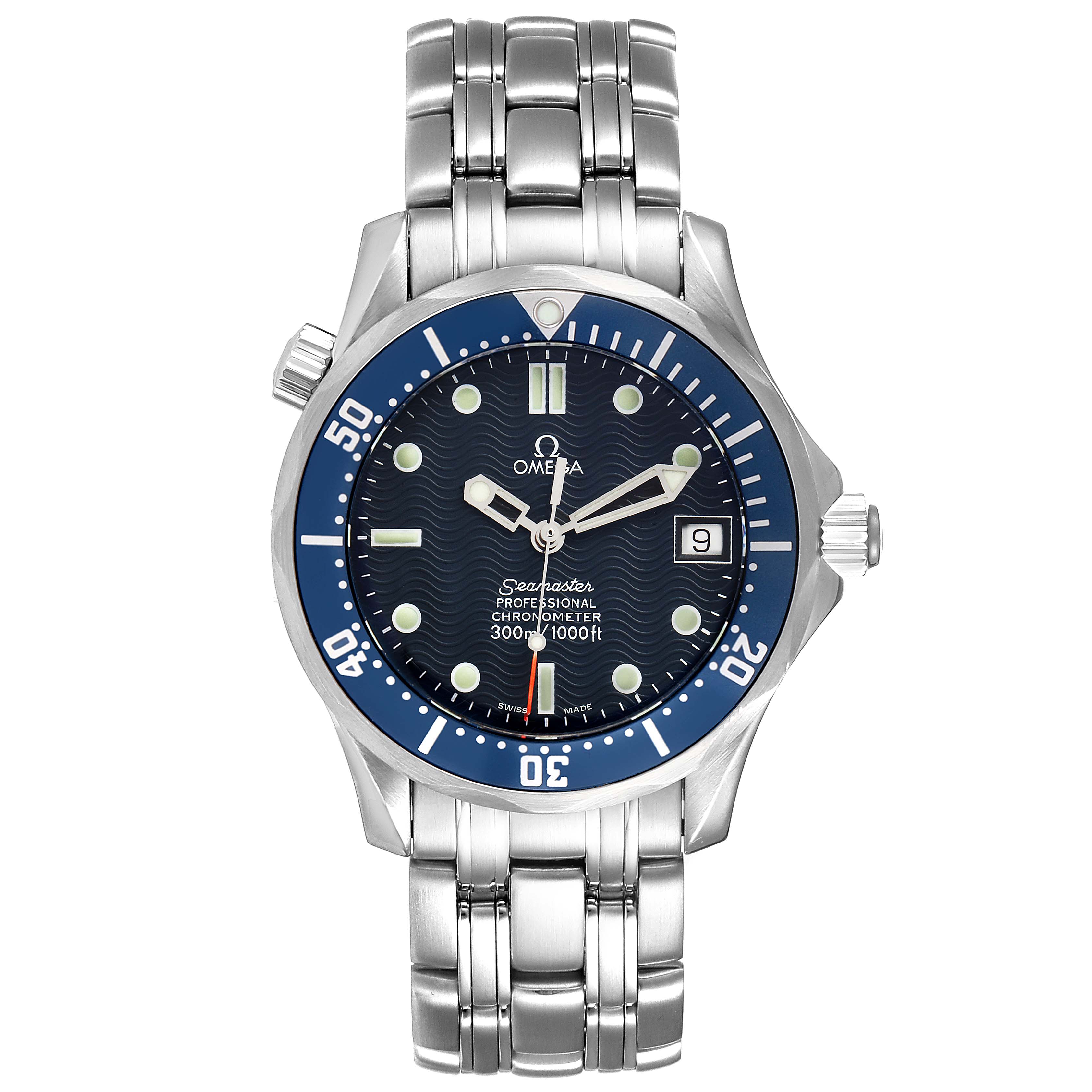 The Omega Seamaster 2551.80.00 Men
s Stainless Steel Blue Dial 2551.80.00 Men
s Stainless Steel Blue Dial watch is shown from a front angle, displaying its face, bezel, hour markers, hands, date window, and metal bracelet.