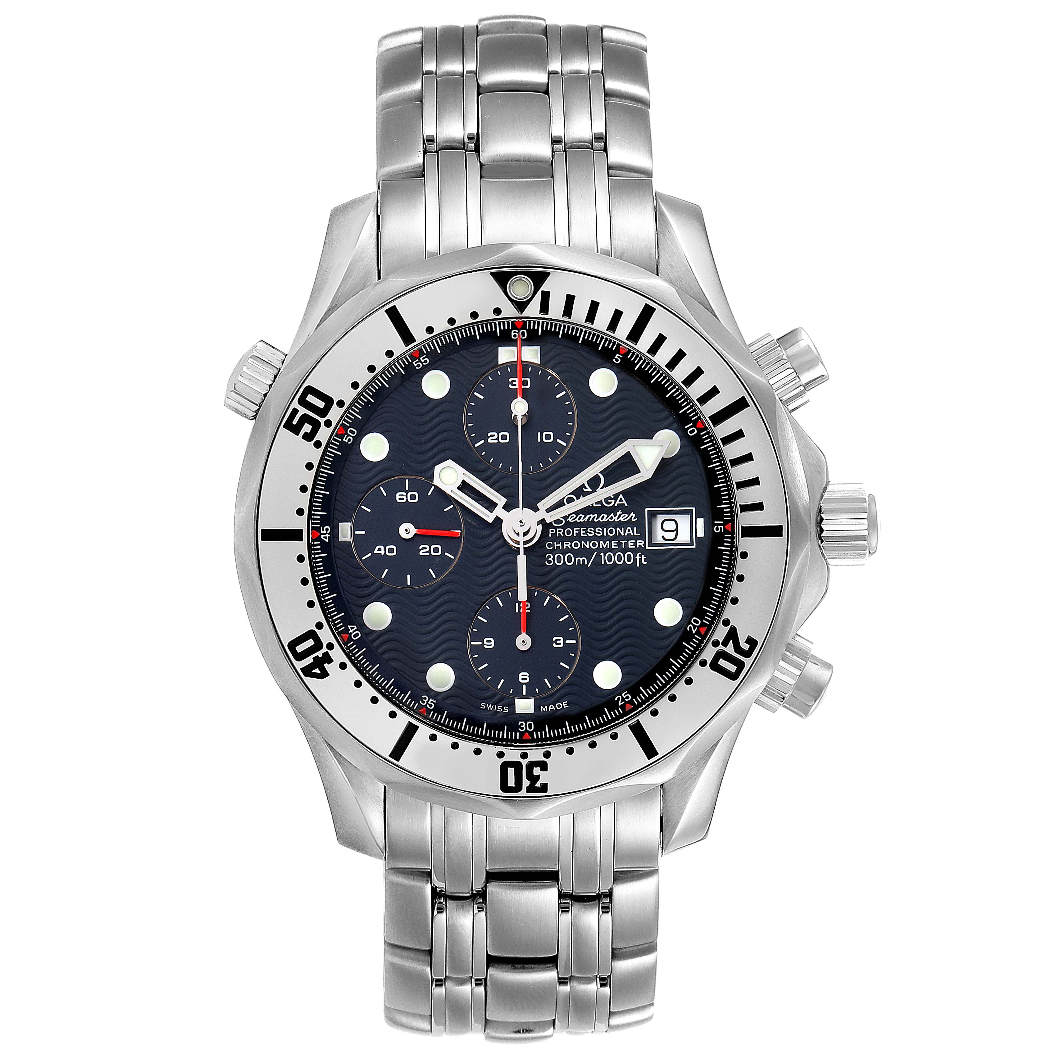 The Omega Seamaster 2598.80.00 Men's Stainless Steel Blue Dial model is shown from a front angle, displaying its dial, bezel, chronograph subdials, and metal bracelet.