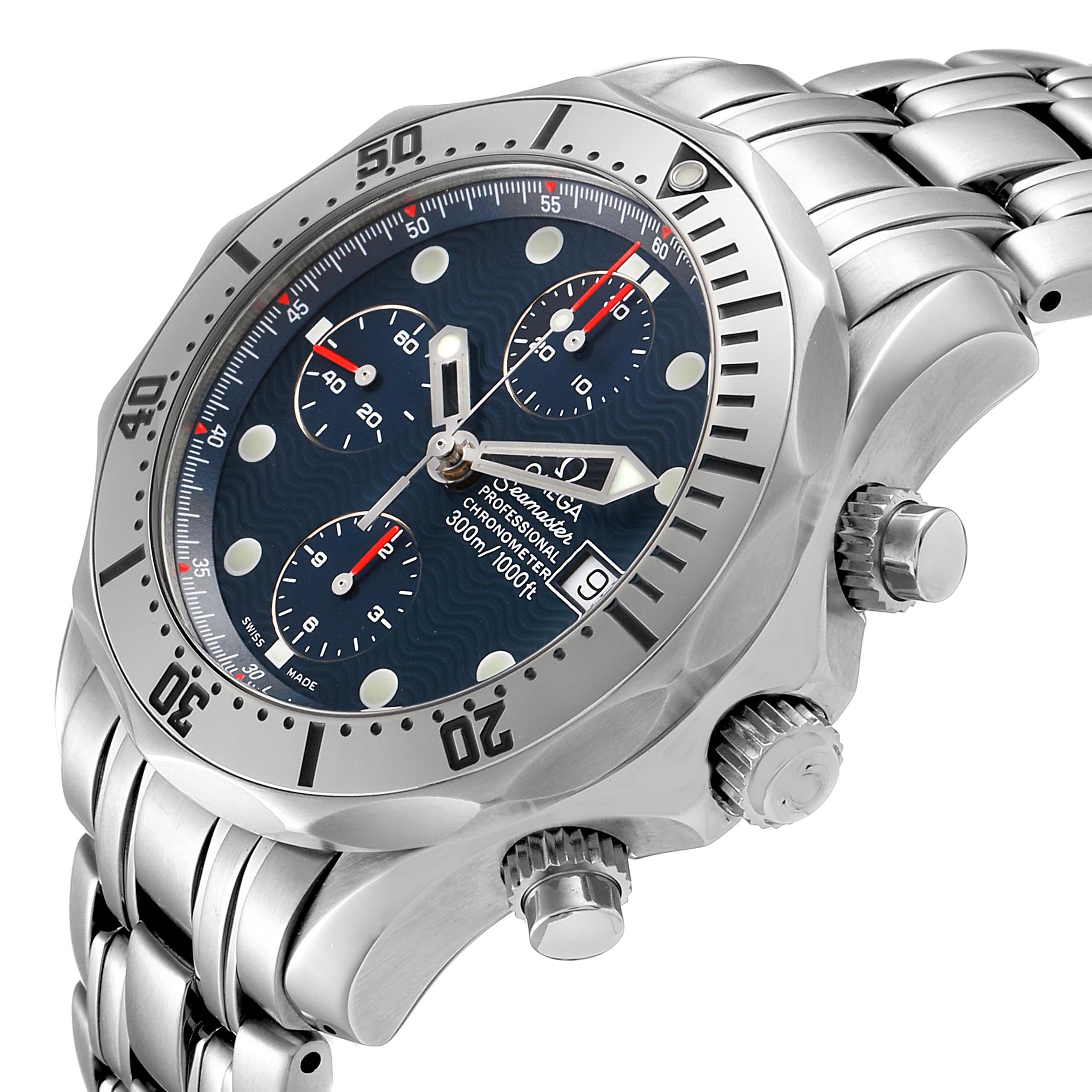 The Omega Seamaster 2598.80.00 Men's Stainless Steel Blue Dial watch is shown at a side angle, highlighting the face, bezel, crown, and part of the bracelet.
