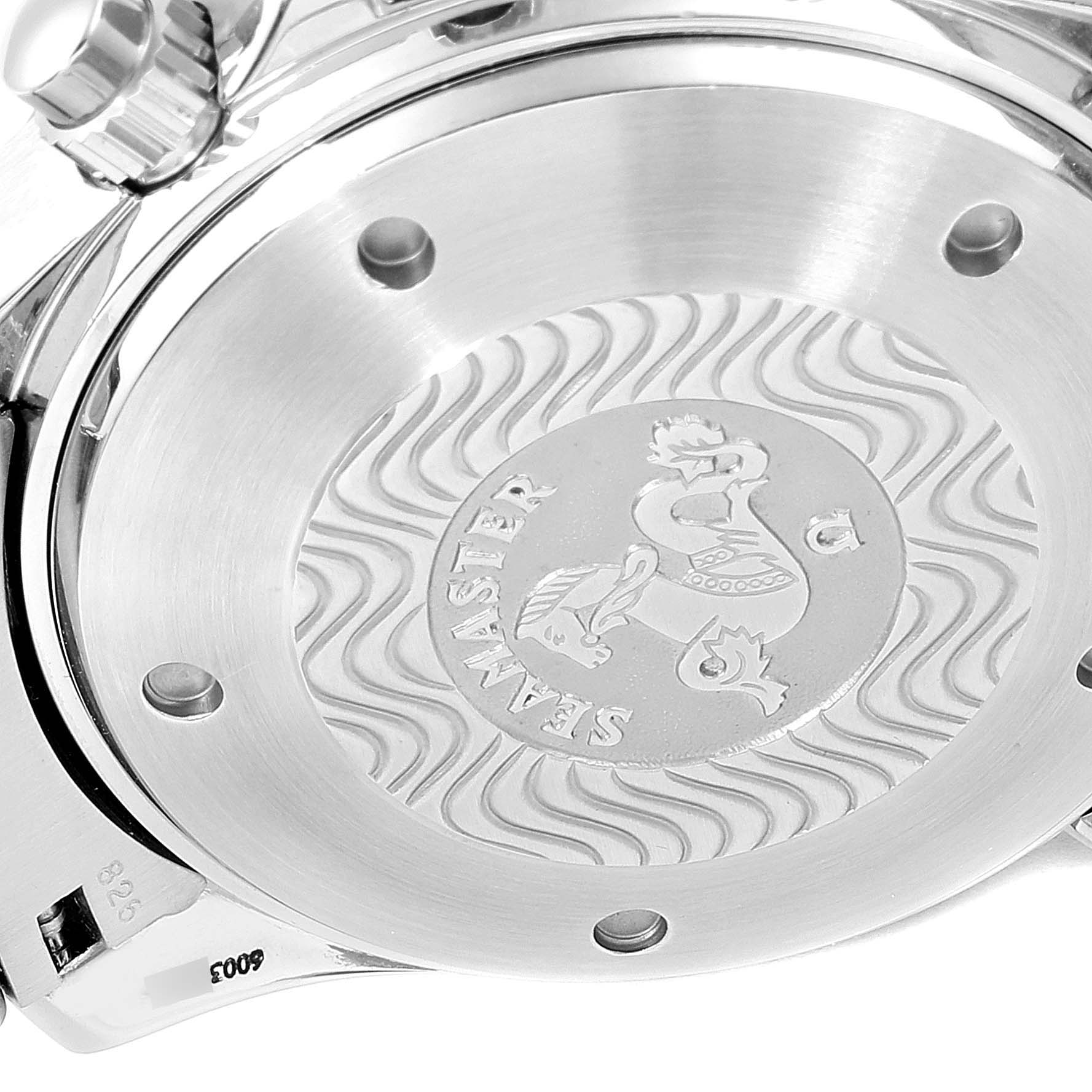 The image shows the caseback of the Omega Seamaster 2598.80.00 Men's Stainless Steel Blue Dial, highlighting its embossed emblem and wavy design.