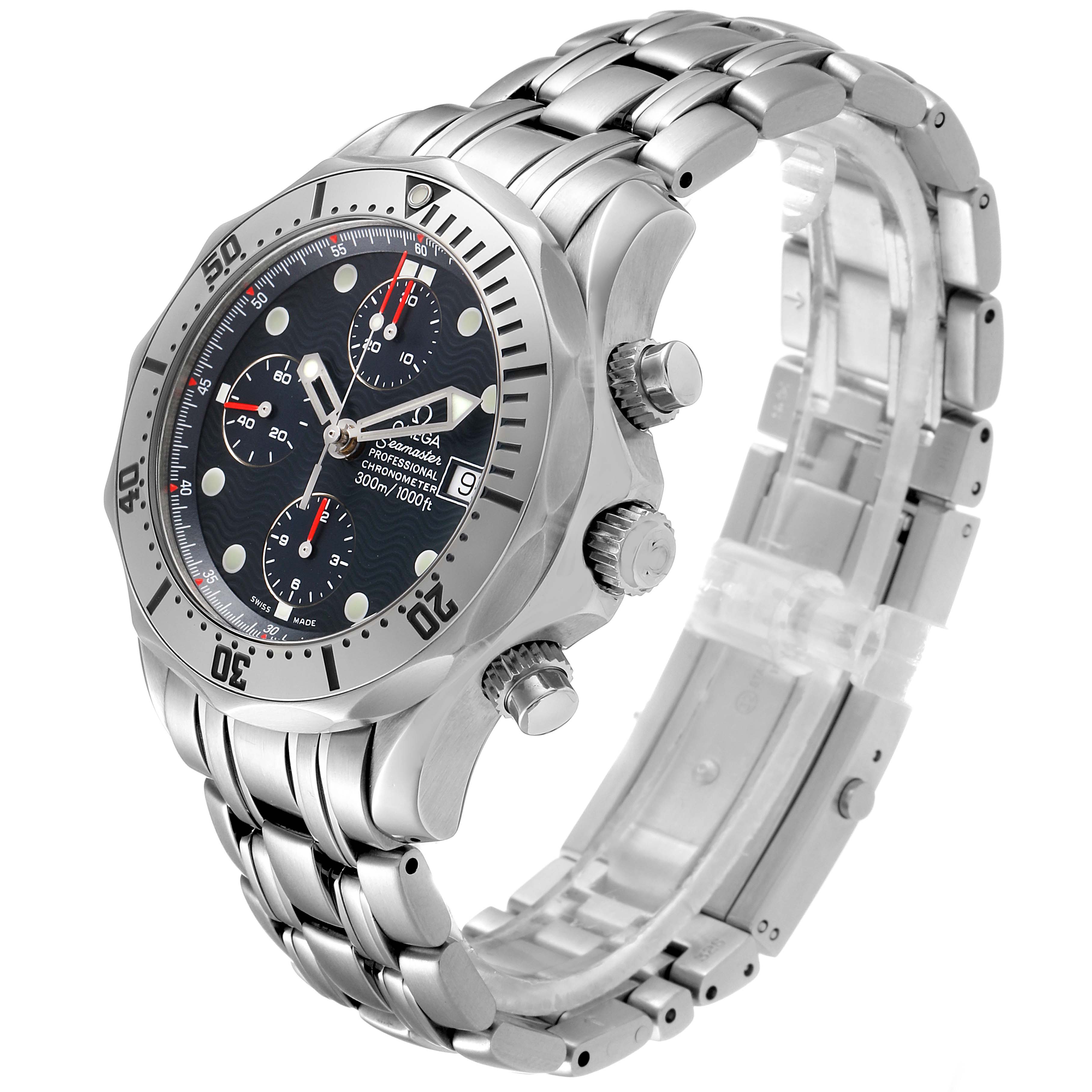 The Omega Seamaster 2598.80.00 Men's Stainless Steel Blue Dial watch is shown at a three-quarter angle, highlighting the face, bezel, crown, and metal bracelet.