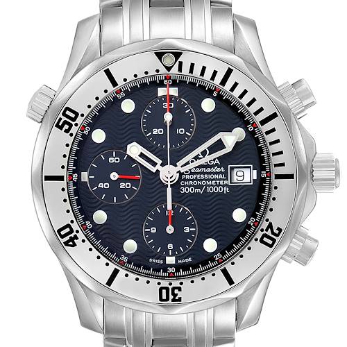 The Omega Seamaster 2598.80.00 Men's Stainless Steel Blue Dial watch is shown from the front angle, displaying the dial, bezel, and chronograph features.