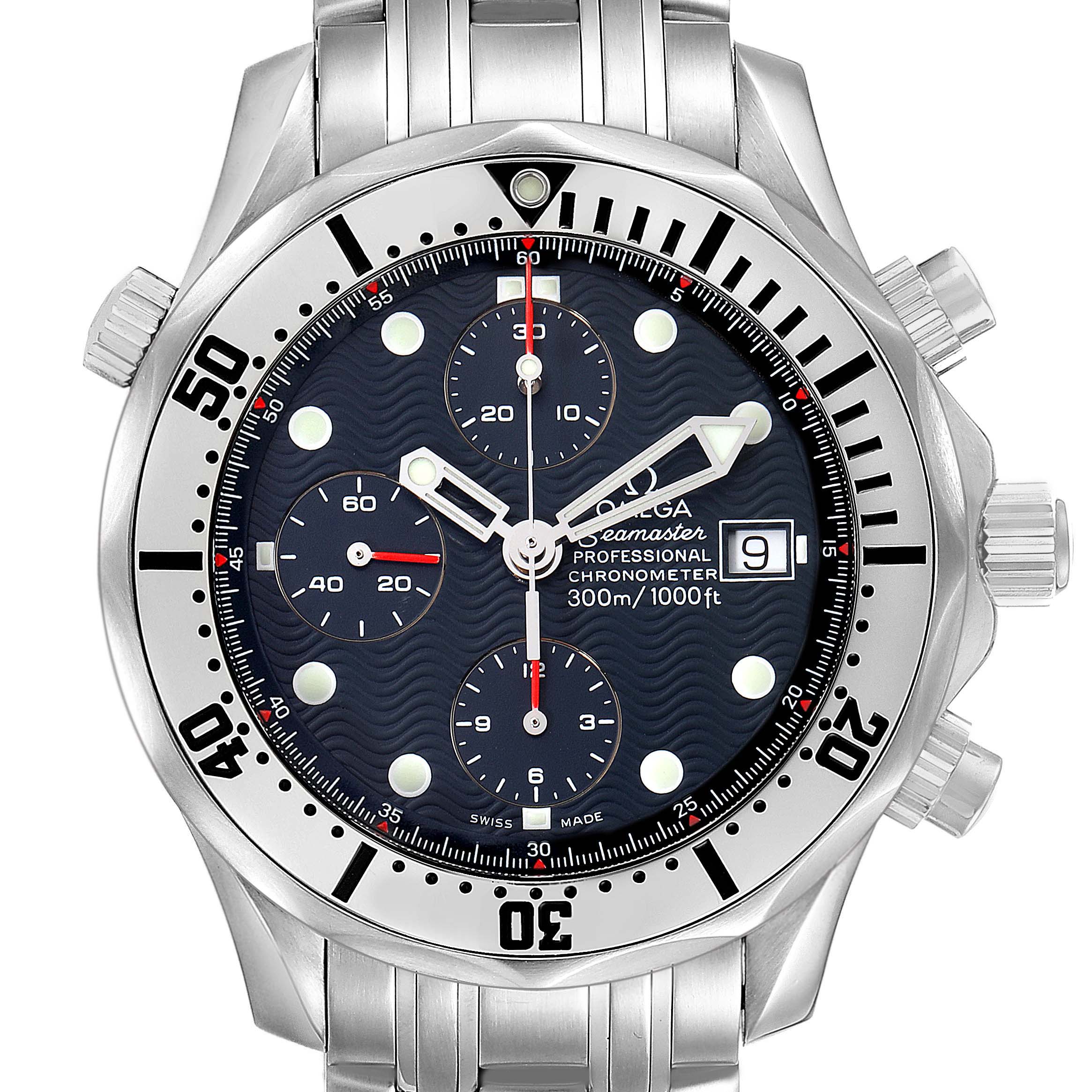 The Omega Seamaster 2598.80.00 Men's Stainless Steel Blue Dial watch is shown from a top-down angle, highlighting the dial, bezel, and crown.