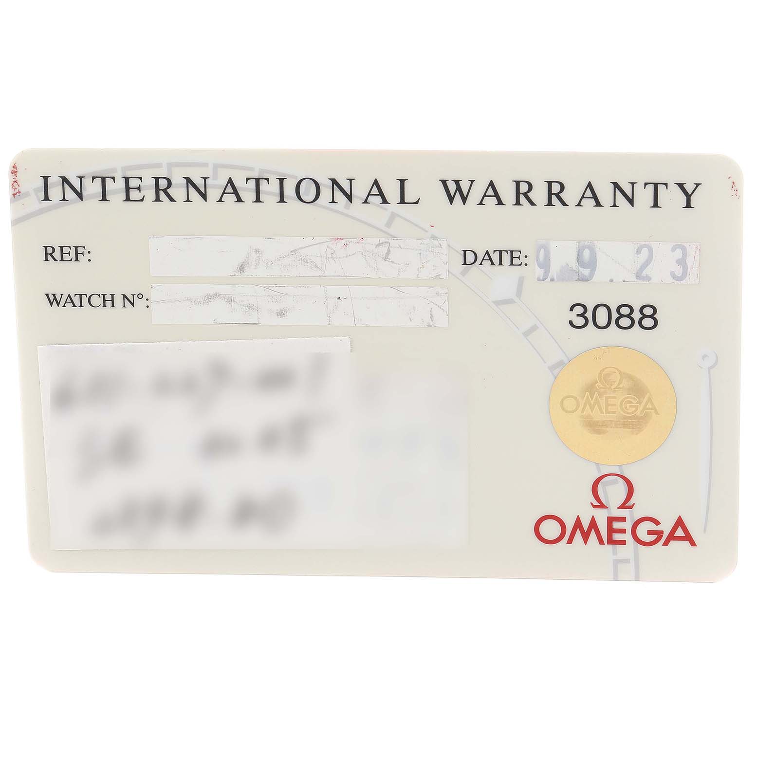 The image shows an Omega Seamaster 2598.80.00 Men's Stainless Steel Blue Dial's International Warranty card, displaying the brand and model details.