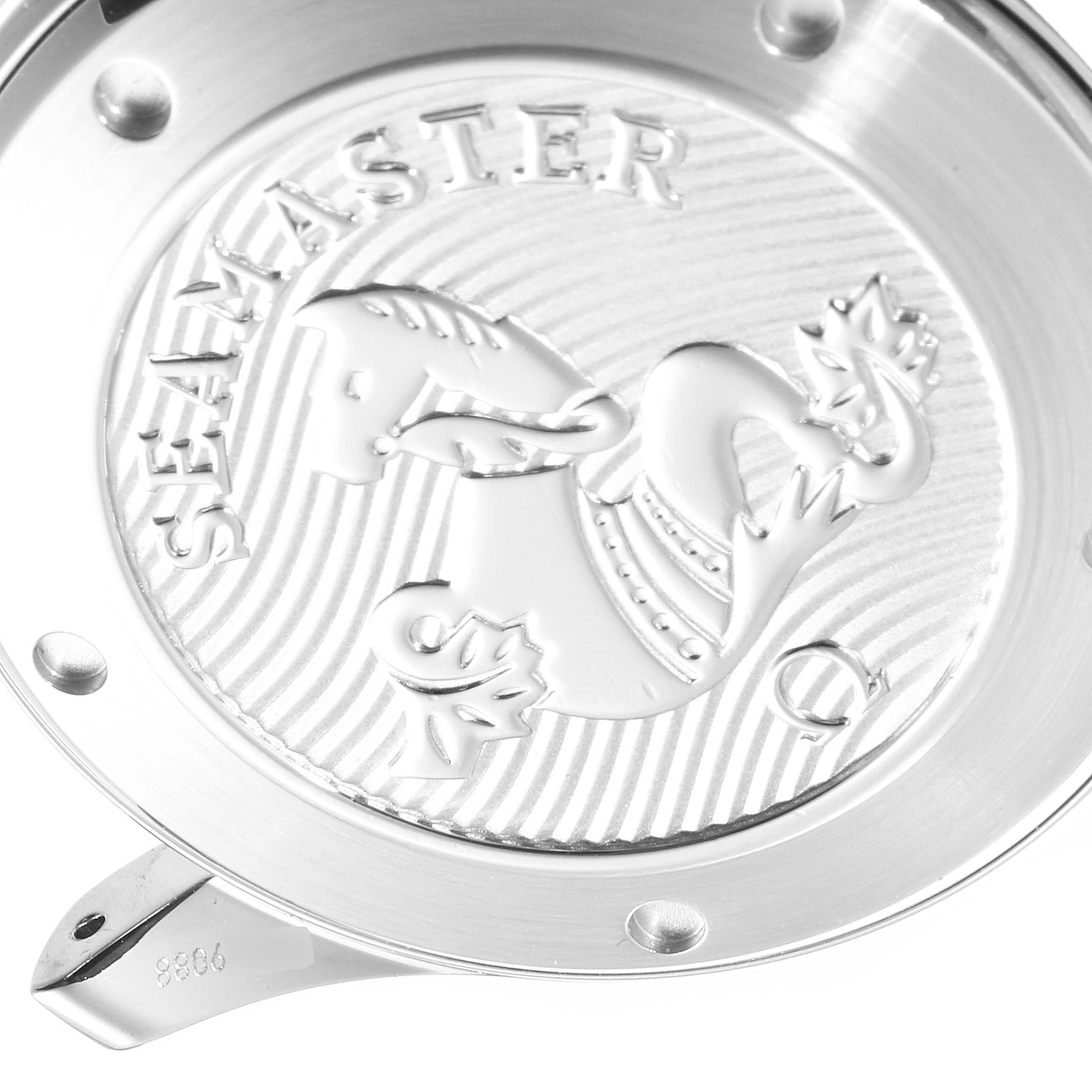 This image shows the caseback of an Omega Seamaster 212.30.41.20.01.003 Men
s Stainless Steel Black Dial 212.30.41.20.01.003 Men
s Stainless Steel Black Dial watch from a close-up angle, highlighting the emblem and engraved details.