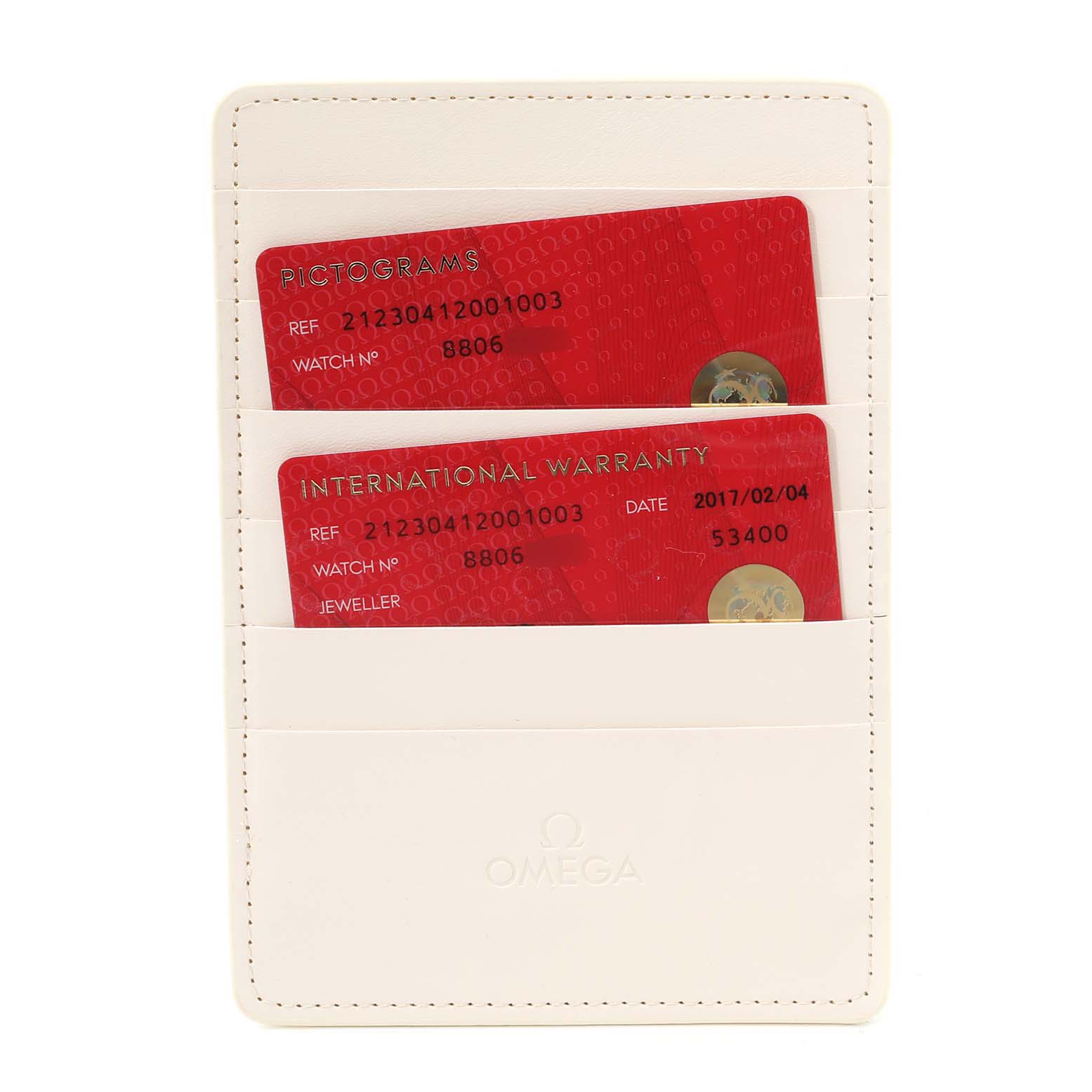 This image shows the warranty cards in a cardholder for an Omega Seamaster 212.30.41.20.01.003 Men
s Stainless Steel Black Dial 212.30.41.20.01.003 Men
s Stainless Steel Black Dial watch.