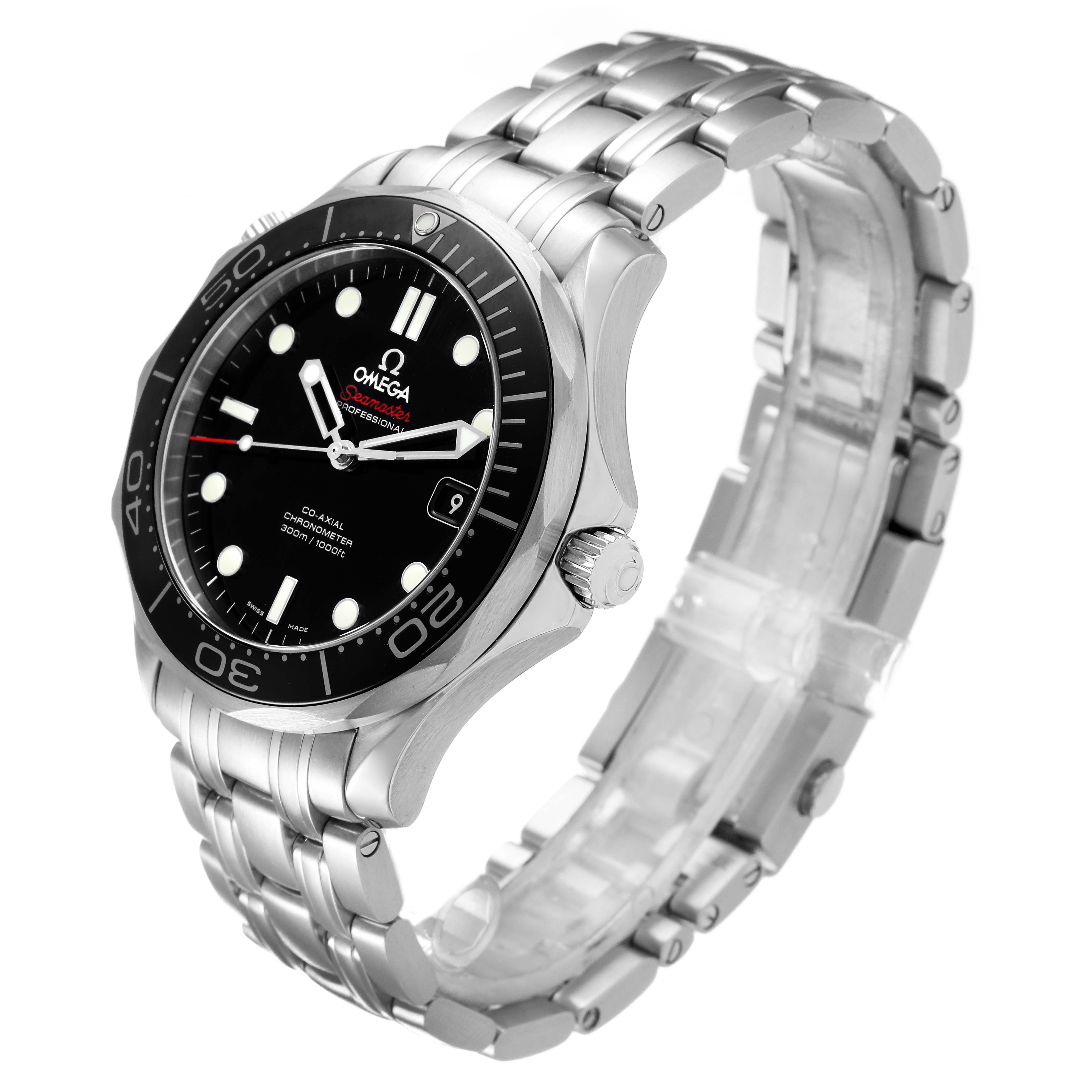 The image shows an angled view of the Omega Seamaster 212.30.41.20.01.003 Men
s Stainless Steel Black Dial 212.30.41.20.01.003 Men
s Stainless Steel Black Dial watch, highlighting the dial, bezel, crown, and bracelet.