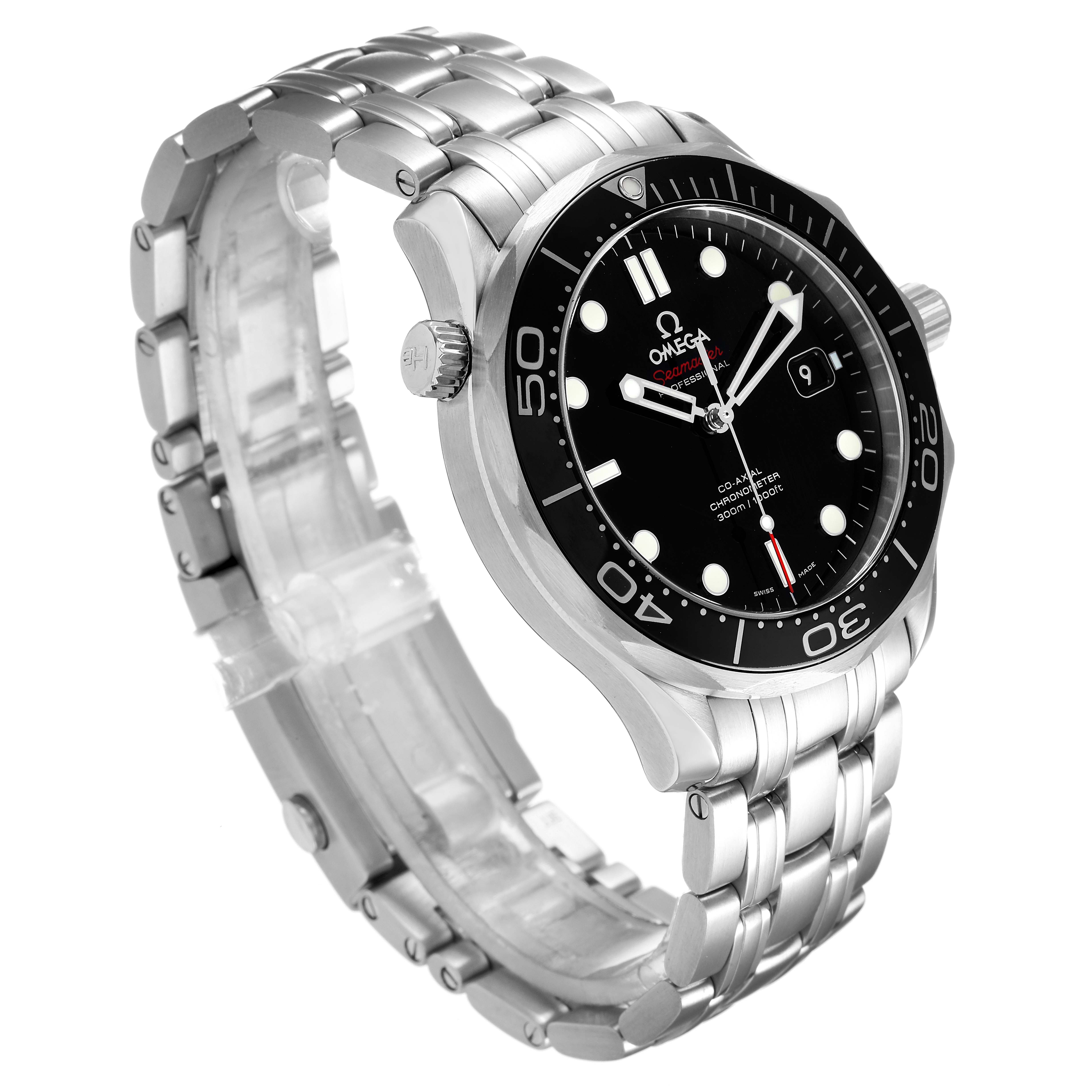 The Omega Seamaster 212.30.41.20.01.003 Men
s Stainless Steel Black Dial 212.30.41.20.01.003 Men
s Stainless Steel Black Dial watch is shown at a three-quarter angle, highlighting the face, bezel, crown, and metal bracelet.