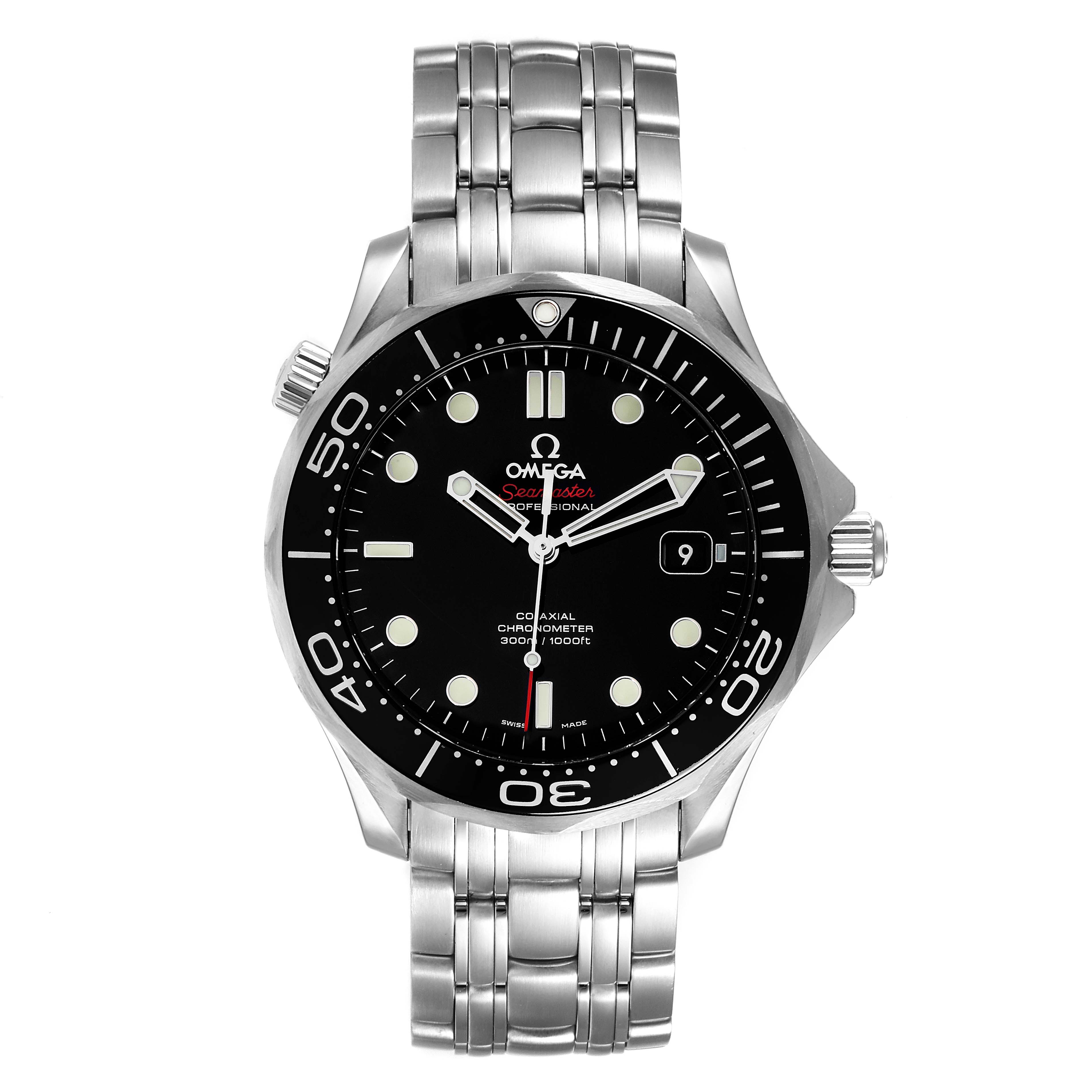 This Omega Seamaster 212.30.41.20.01.003 Men
s Stainless Steel Black Dial 212.30.41.20.01.003 Men
s Stainless Steel Black Dial watch is shown front-facing, displaying its dial, bezel, and stainless steel bracelet.