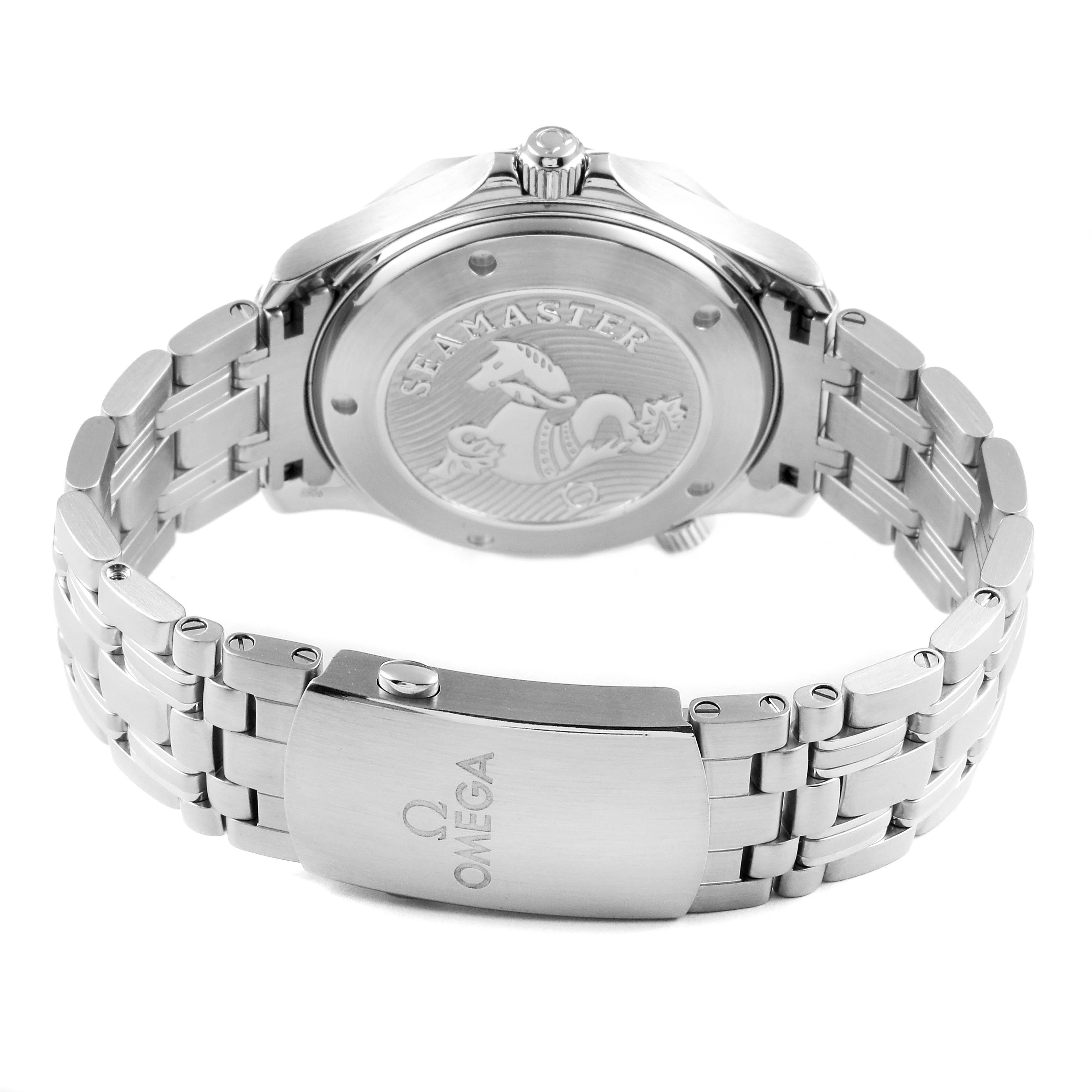 The image shows the back case and bracelet clasp of the Omega Seamaster 212.30.41.20.01.003 Men
s Stainless Steel Black Dial 212.30.41.20.01.003 Men
s Stainless Steel Black Dial watch from a rear angle.