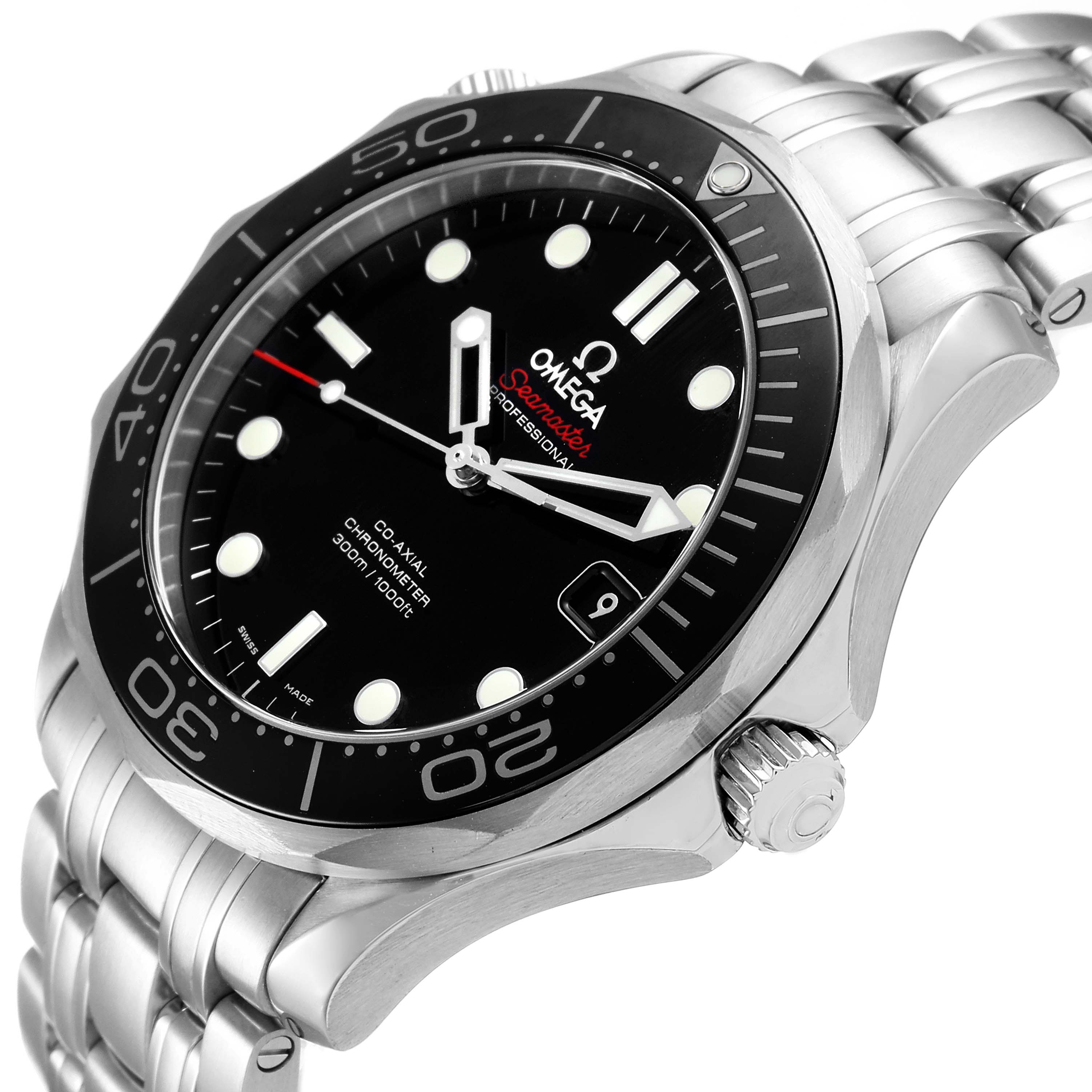 The image shows an angled view of the Omega Seamaster 212.30.41.20.01.003 Men
s Stainless Steel Black Dial 212.30.41.20.01.003 Men
s Stainless Steel Black Dial watch, including the dial, case, bezel, and bracelet.