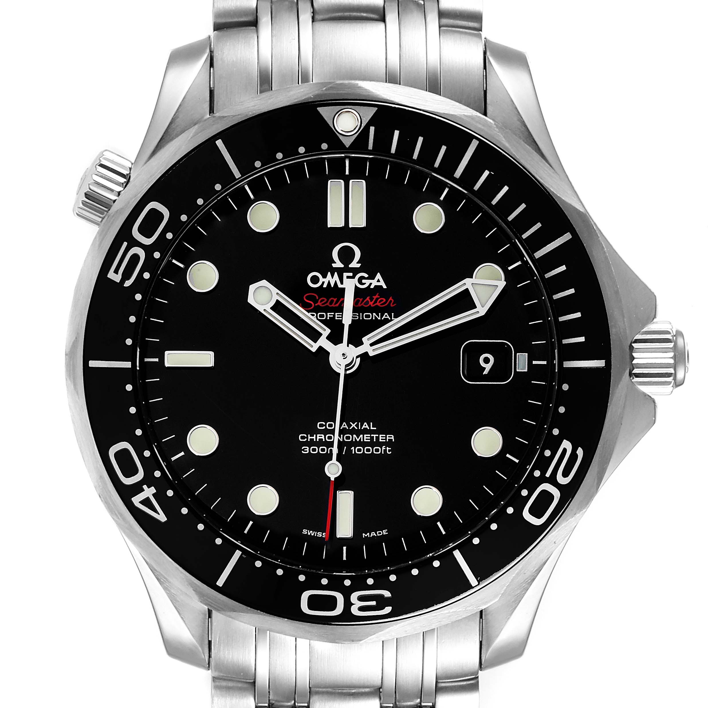 The Omega Seamaster 212.30.41.20.01.003 Men
s Stainless Steel Black Dial 212.30.41.20.01.003 Men
s Stainless Steel Black Dial watch is shown from a front angle, displaying its face, bezel, and bracelet.