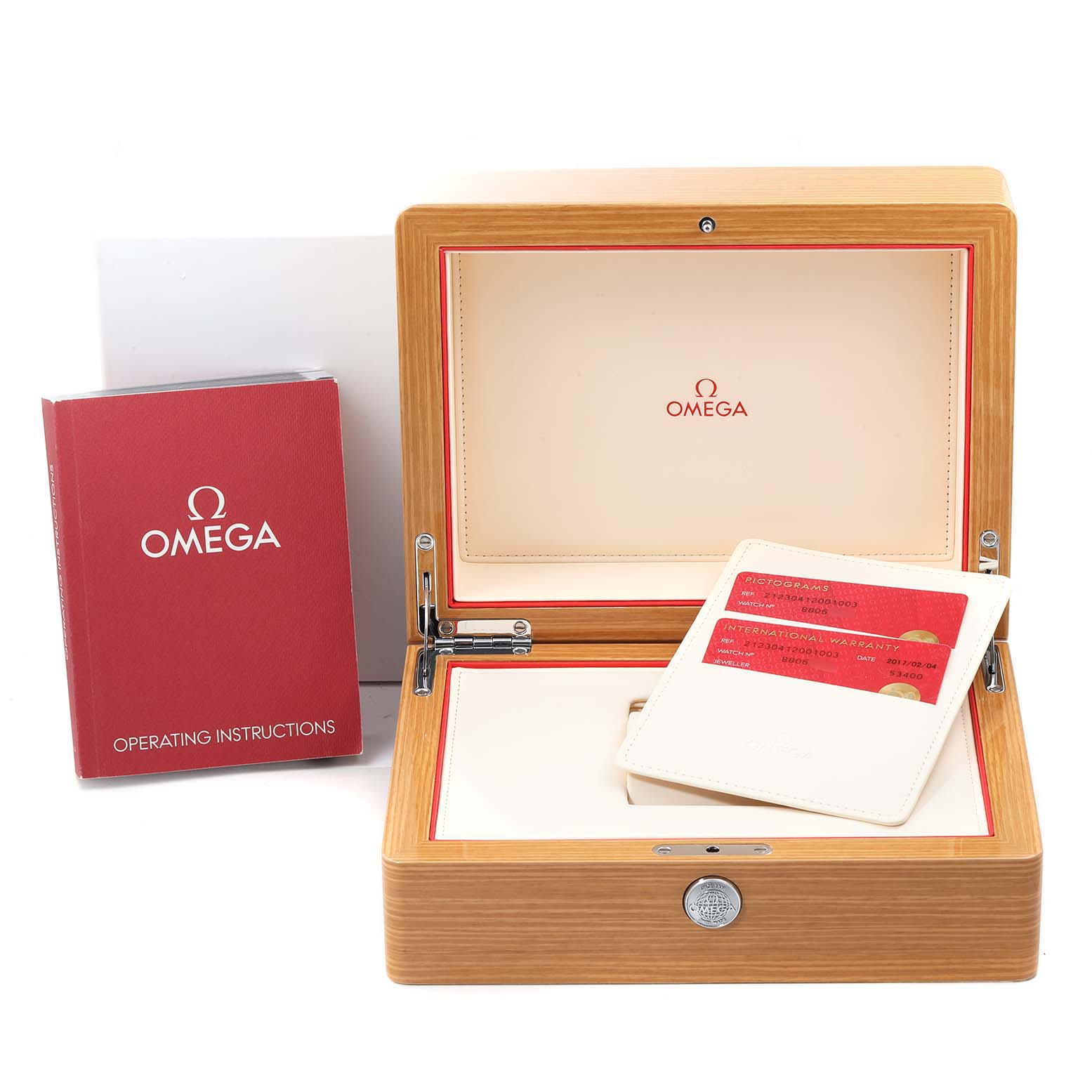 The image shows the open luxury box of an Omega Seamaster 212.30.41.20.01.003 Men
s Stainless Steel Black Dial 212.30.41.20.01.003 Men
s Stainless Steel Black Dial, along with operating instructions and warranty cards.